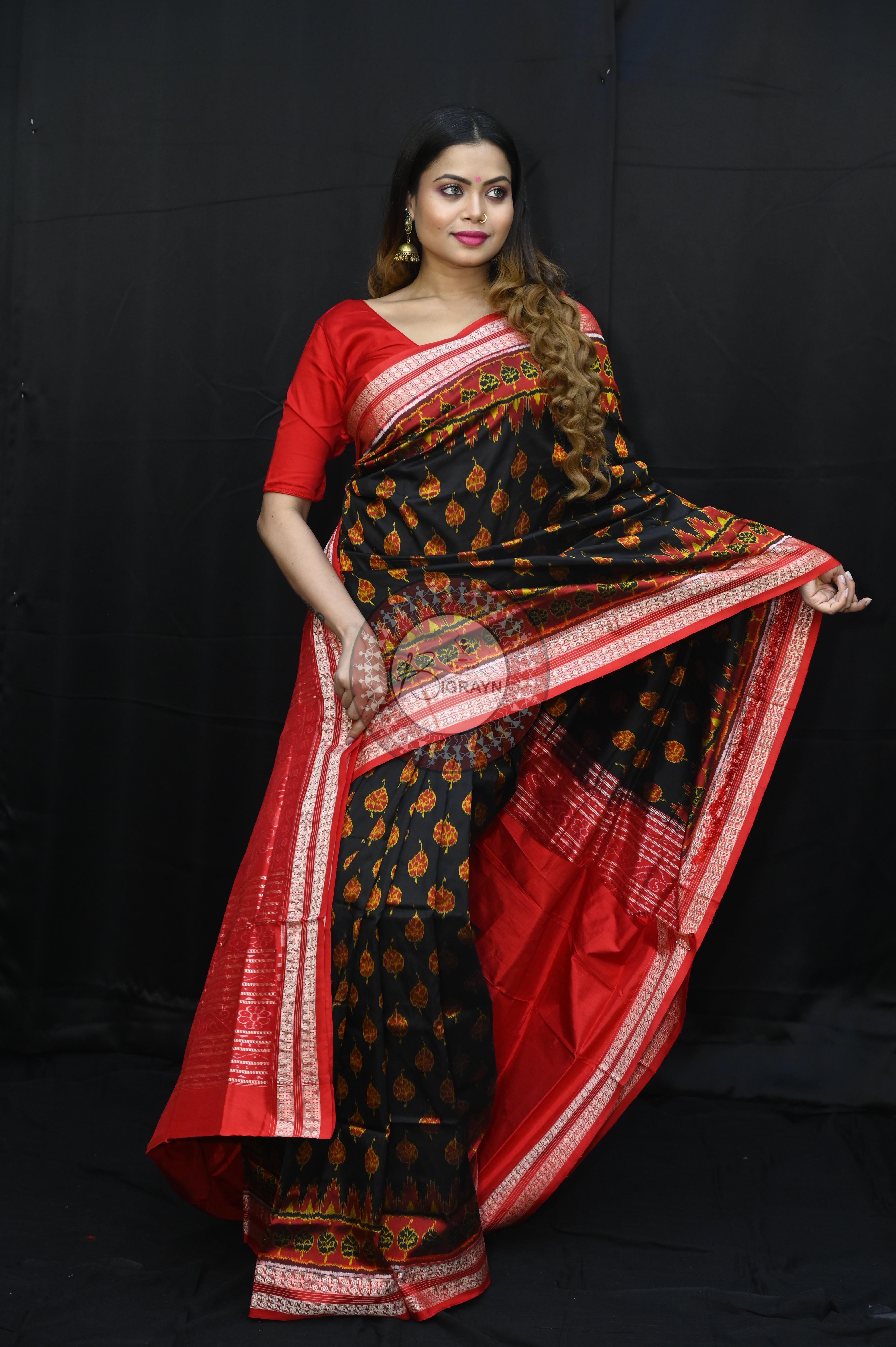 Black Red Peepal Leaves Sambalpuri Silk Saree