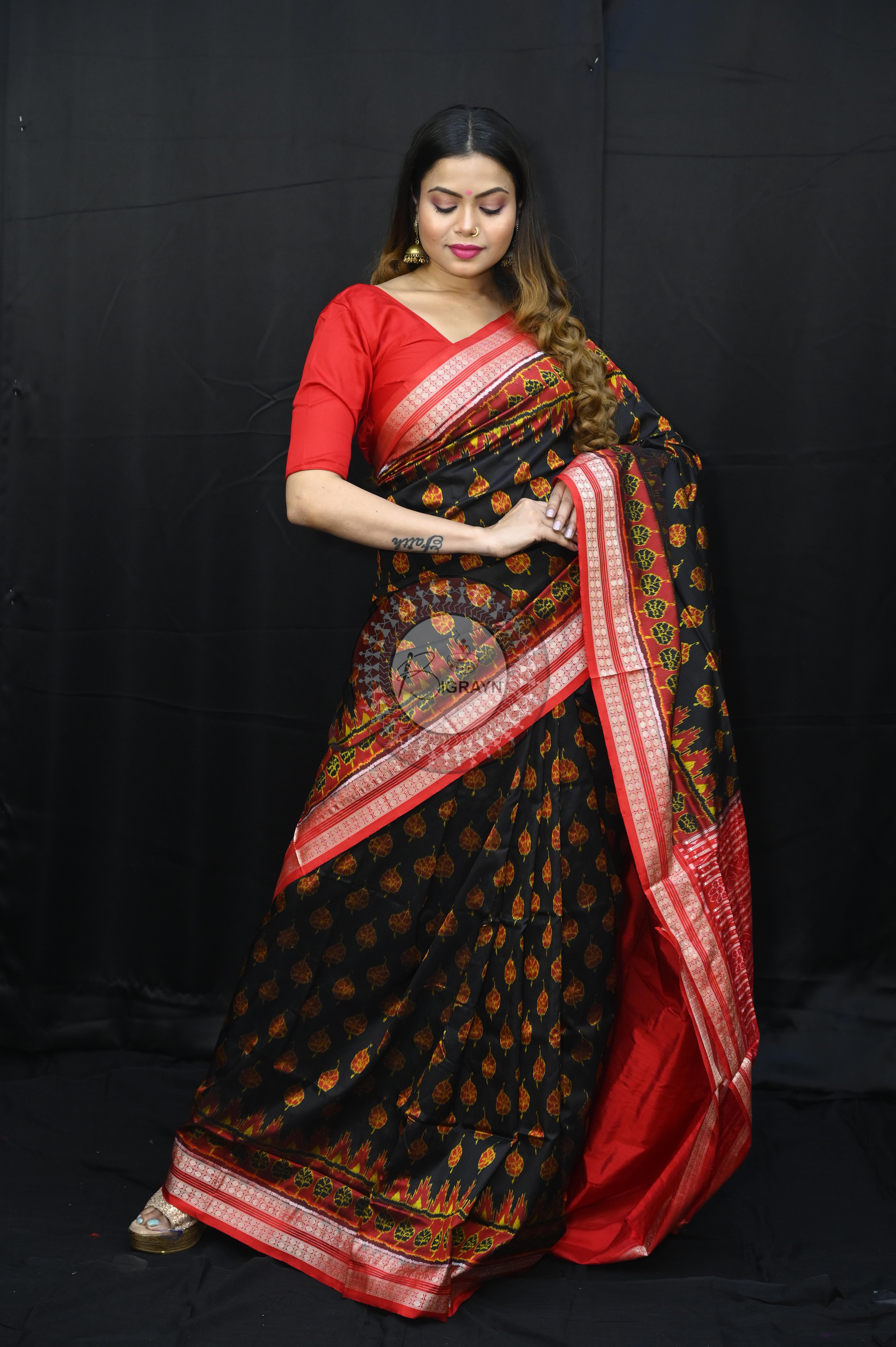Black Red Peepal Leaves Sambalpuri Silk Saree