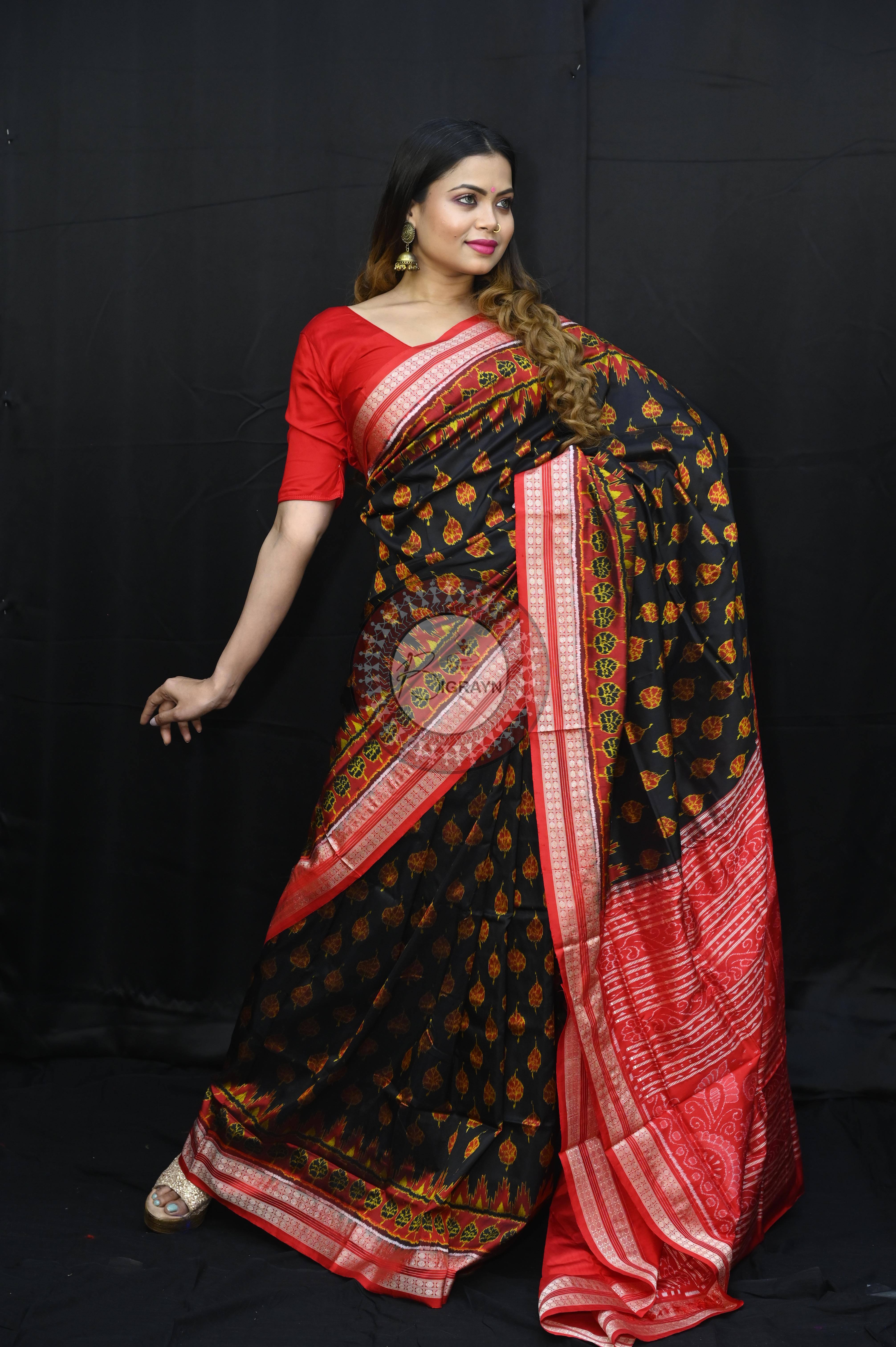Black Red Peepal Leaves Sambalpuri Silk Saree
