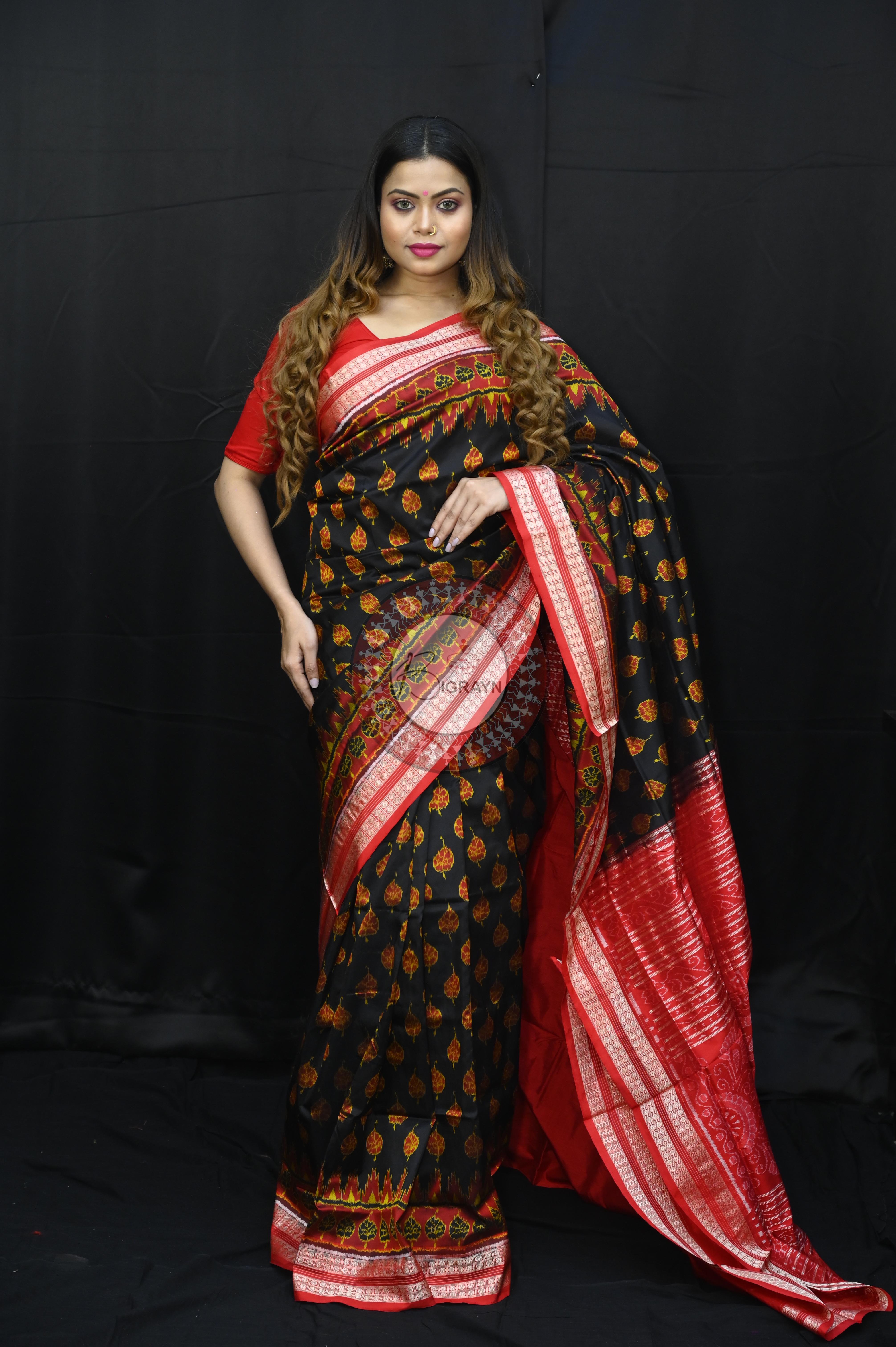 Black Red Peepal Leaves Sambalpuri Silk Saree