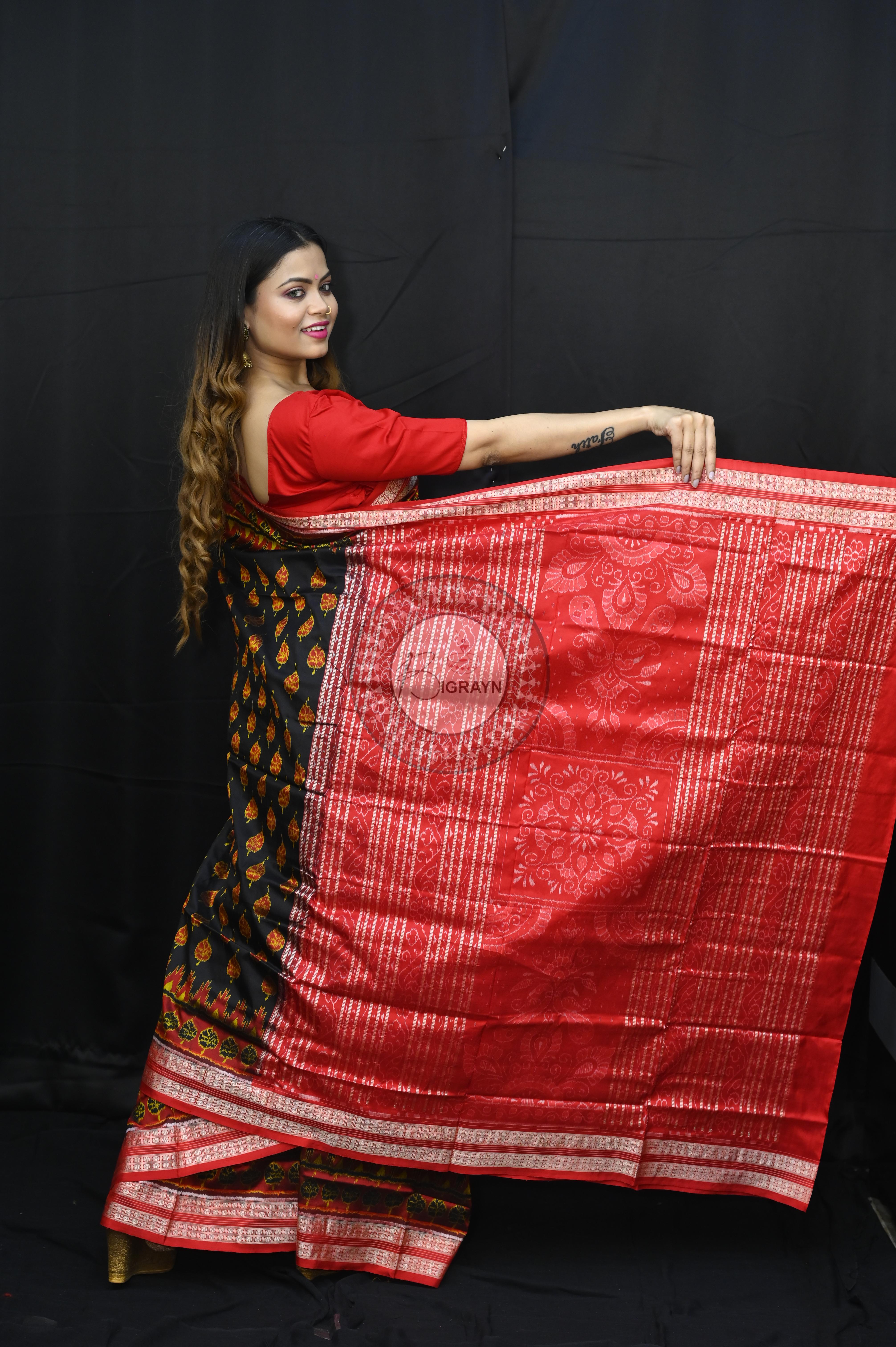 Black Red Peepal Leaves Sambalpuri Silk Saree