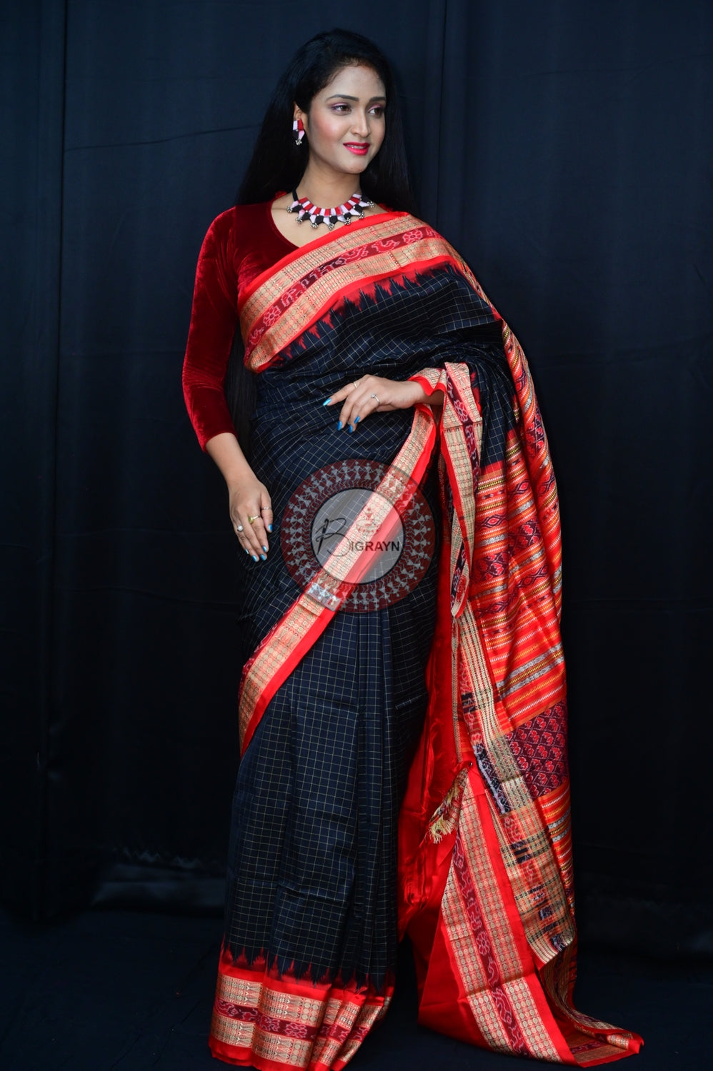Black Red Sachipar Sambalpuri Silk Saree