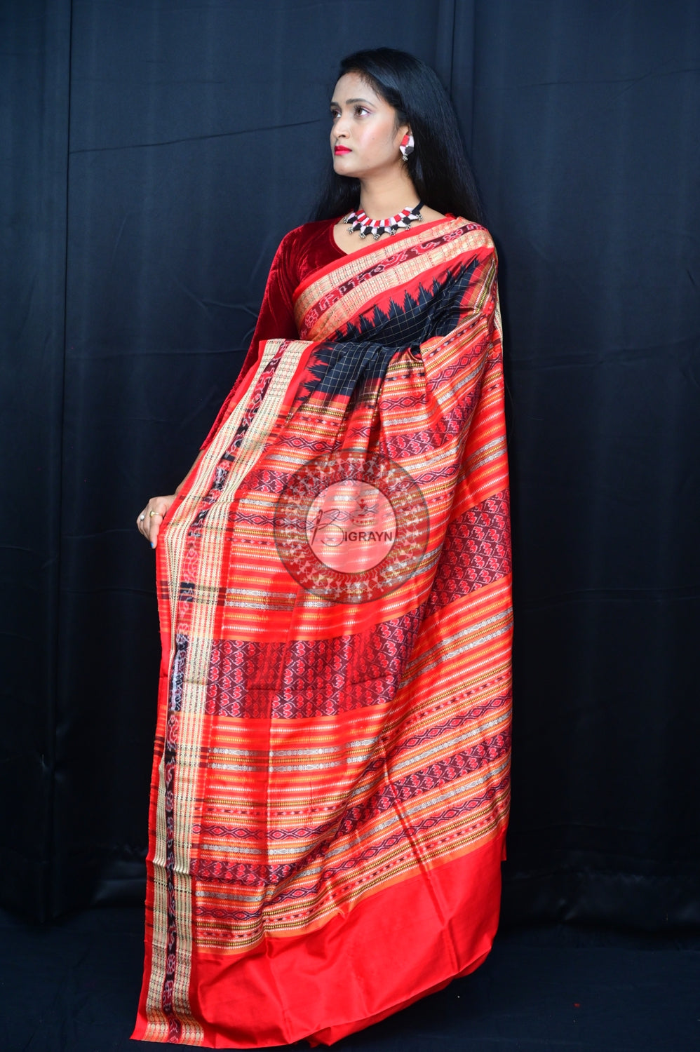 Black Red Sachipar Sambalpuri Silk Saree