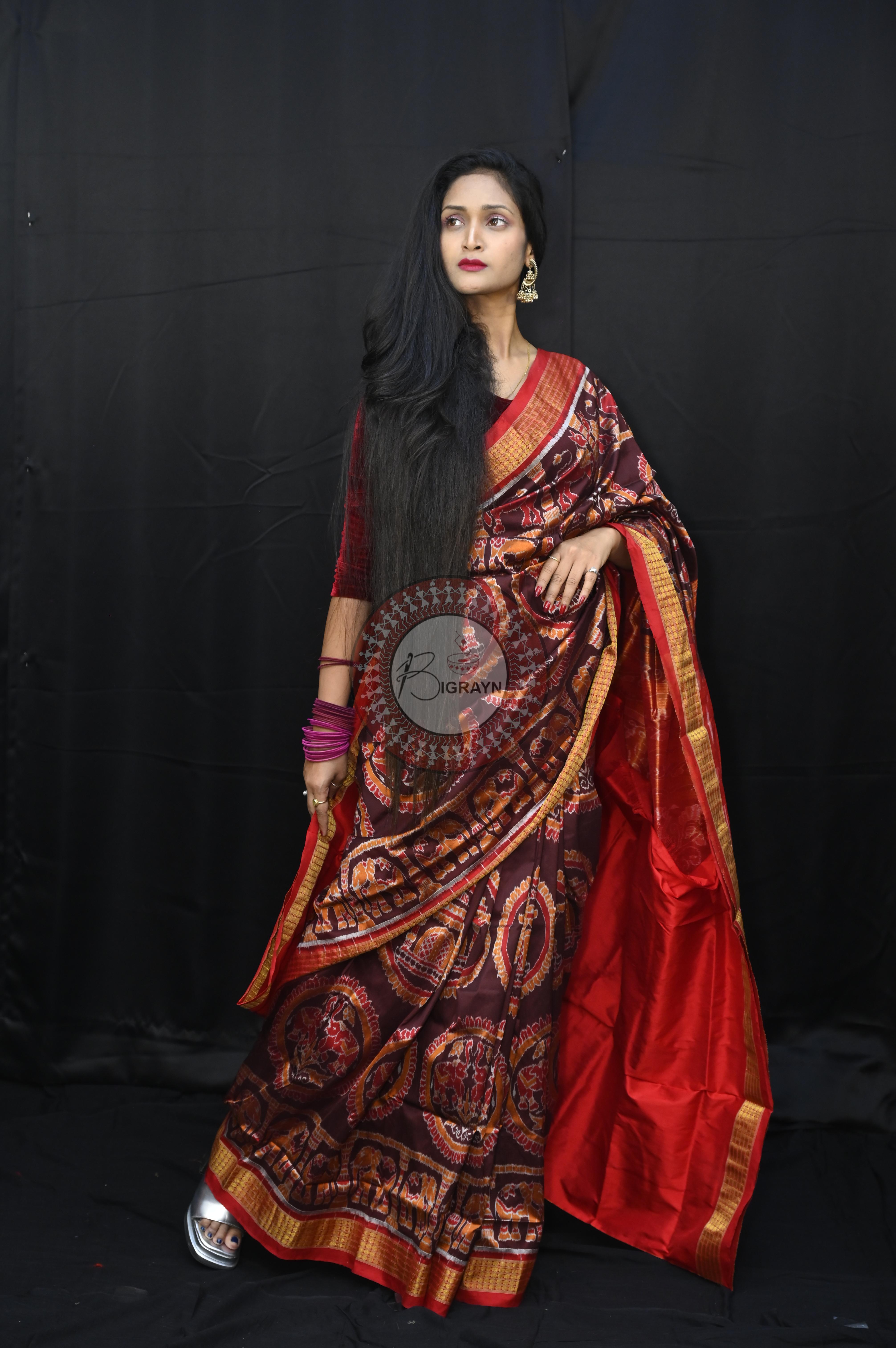 Red maroon animal half tissue Silk Saree