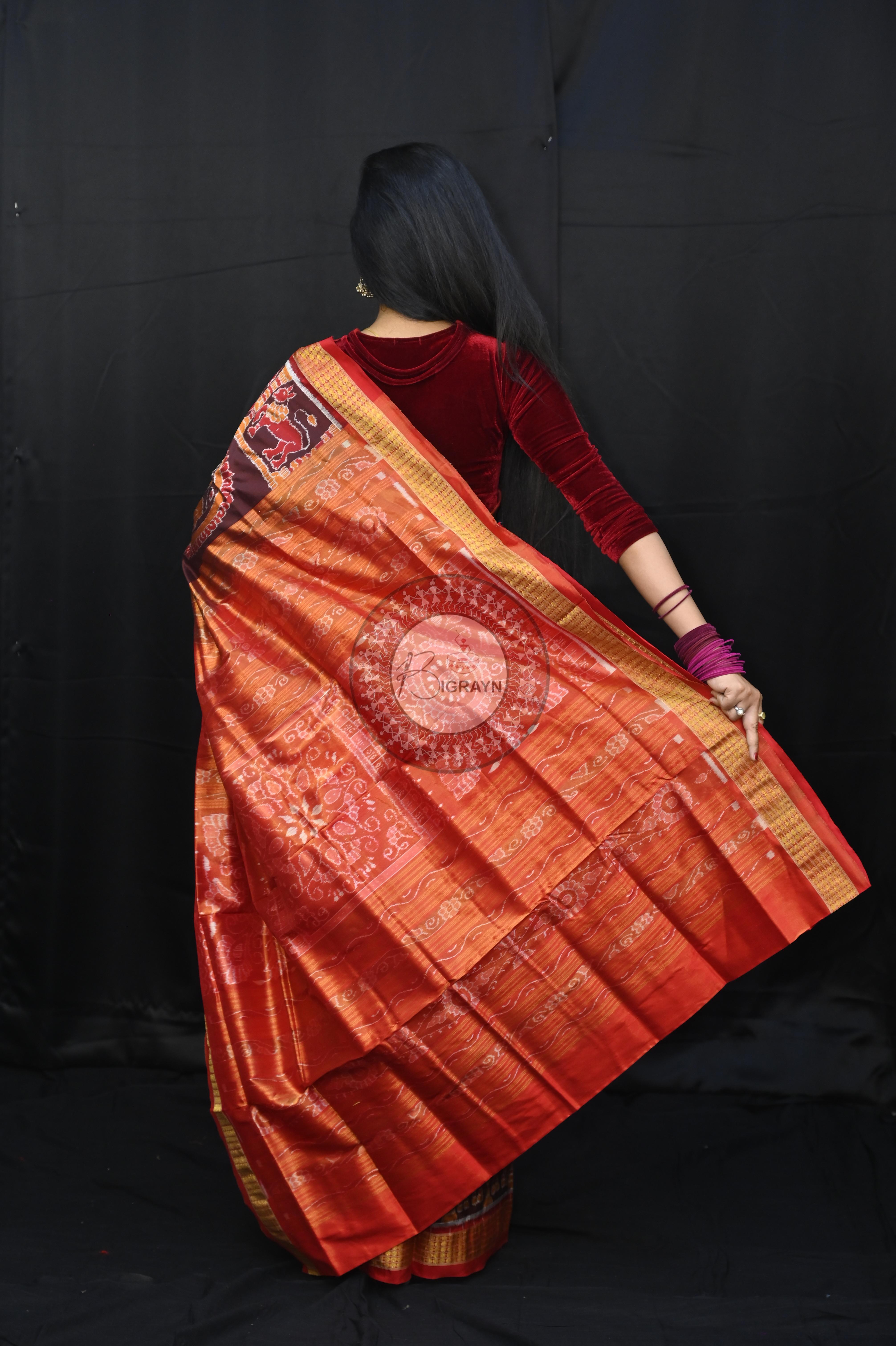 Red maroon animal half tissue Silk Saree