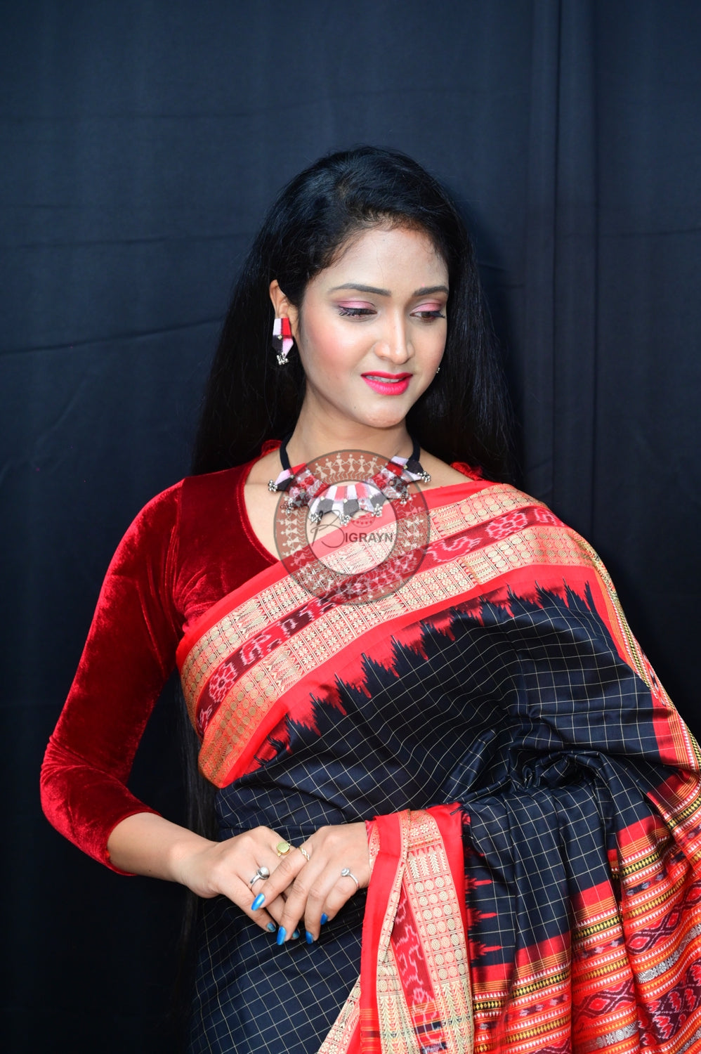 Black Red Sachipar Sambalpuri Silk Saree