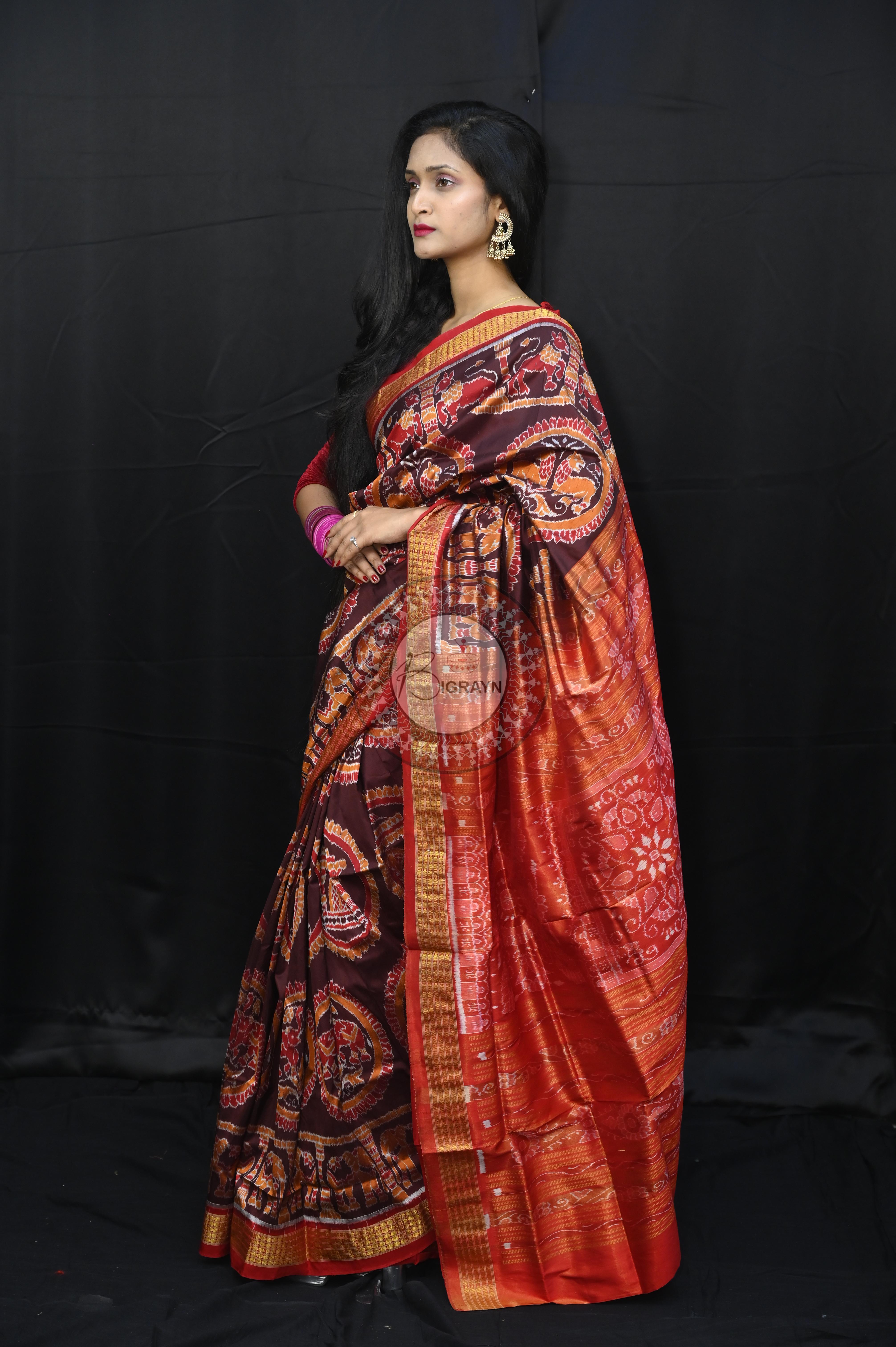 Red maroon animal half tissue Silk Saree