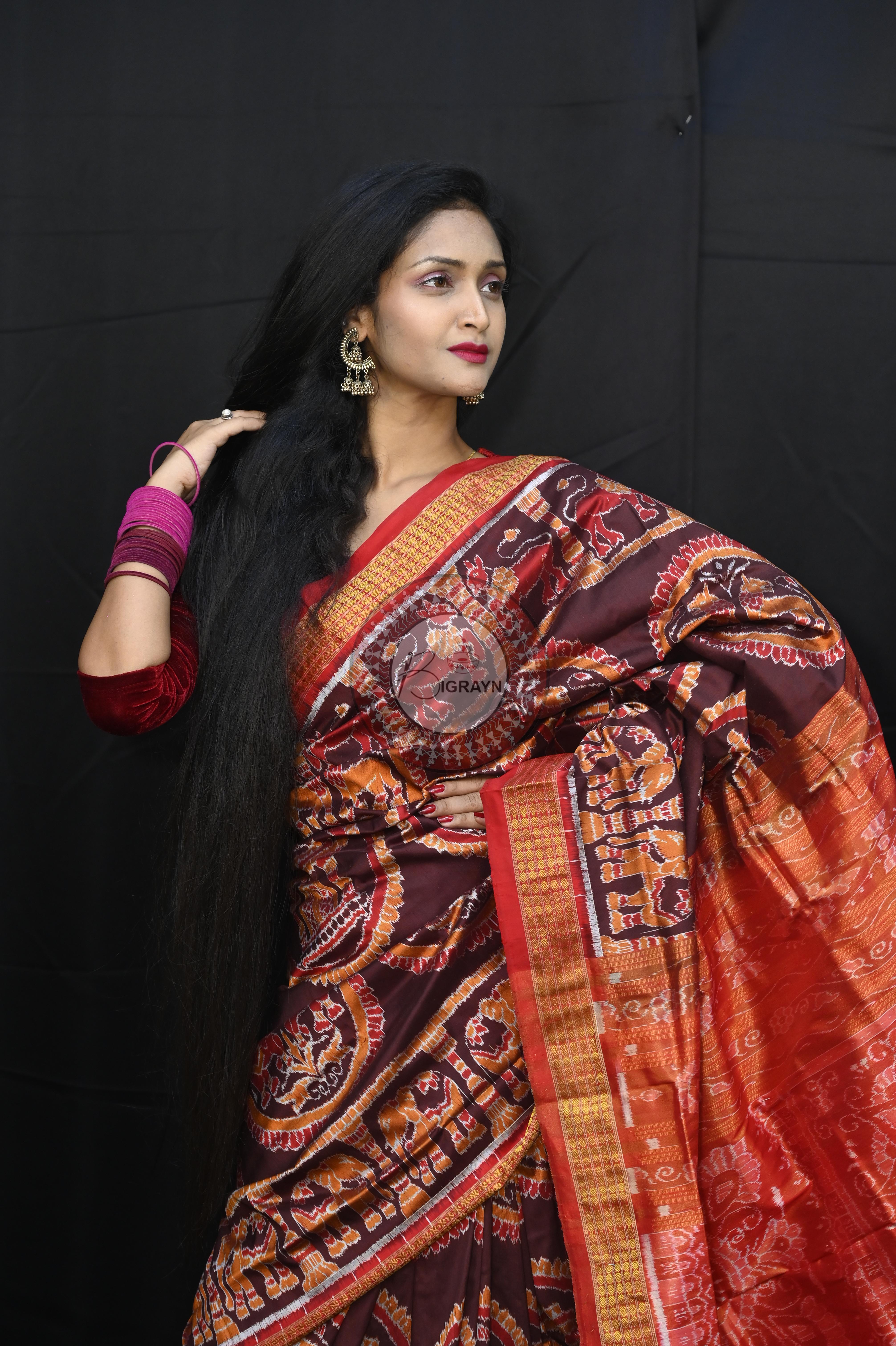 Red maroon animal half tissue Silk Saree