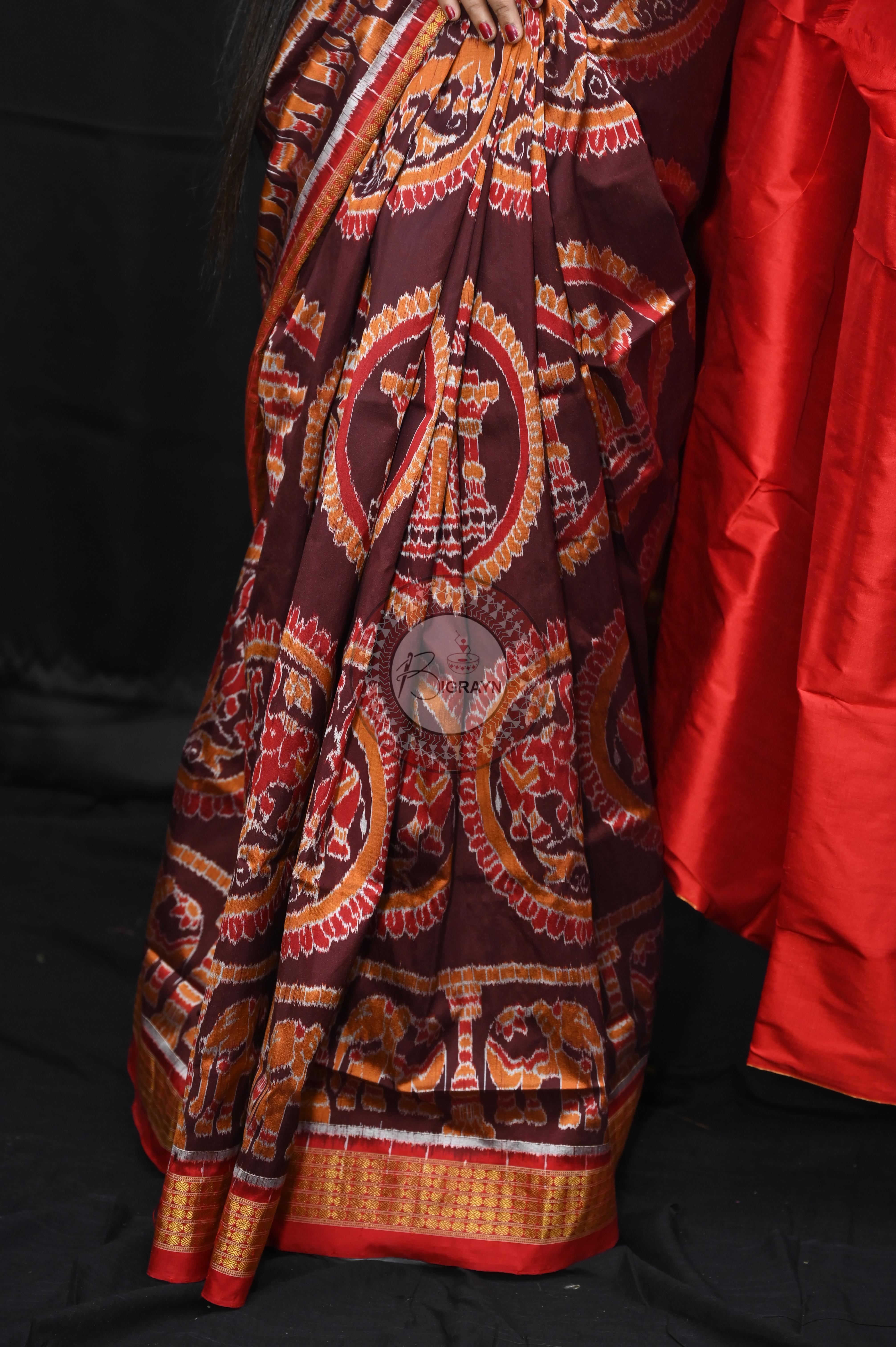 Red maroon animal half tissue Silk Saree