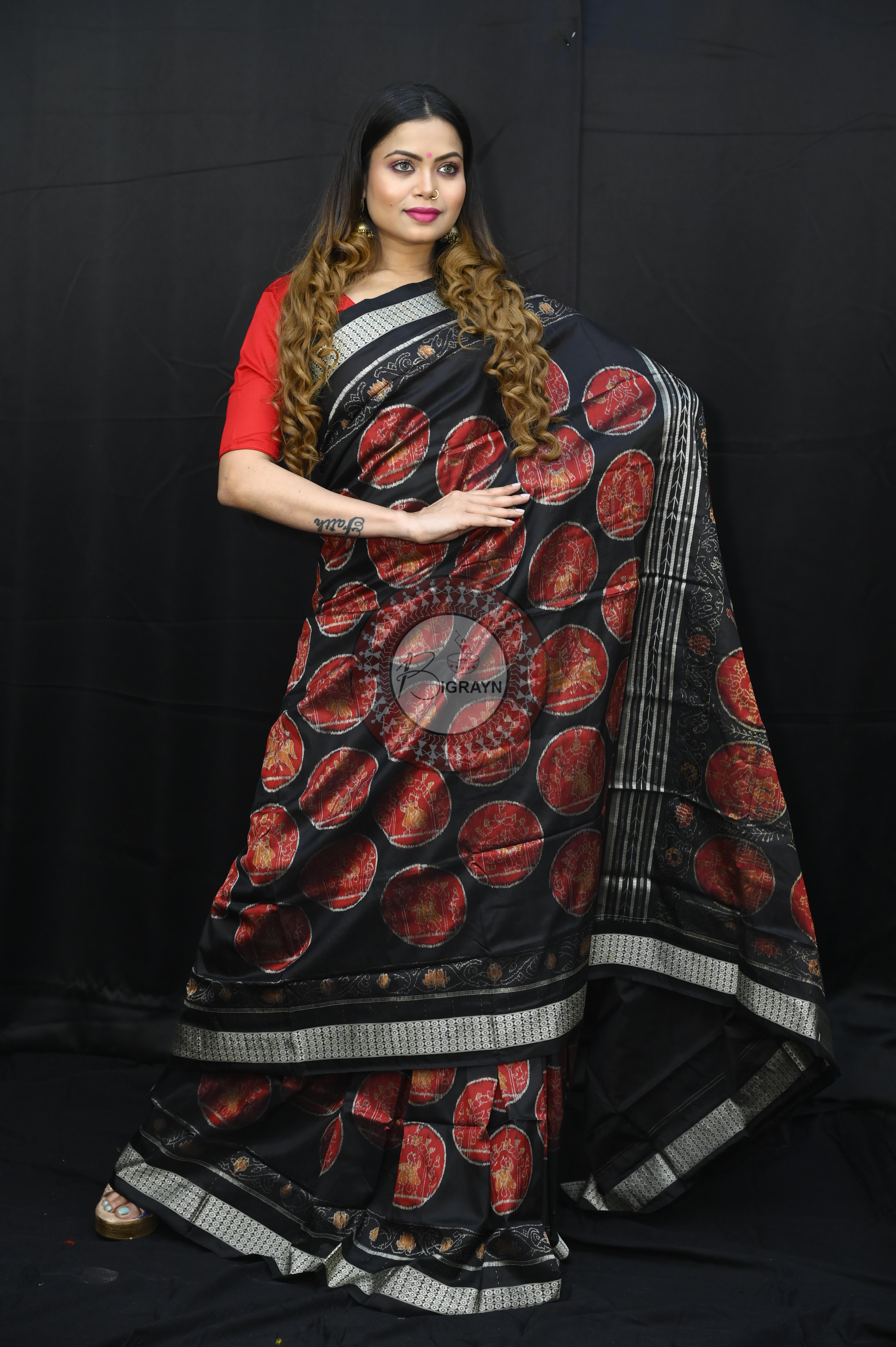 Black Red Ganjpa Exclusive Sambalpuri Silk Saree
