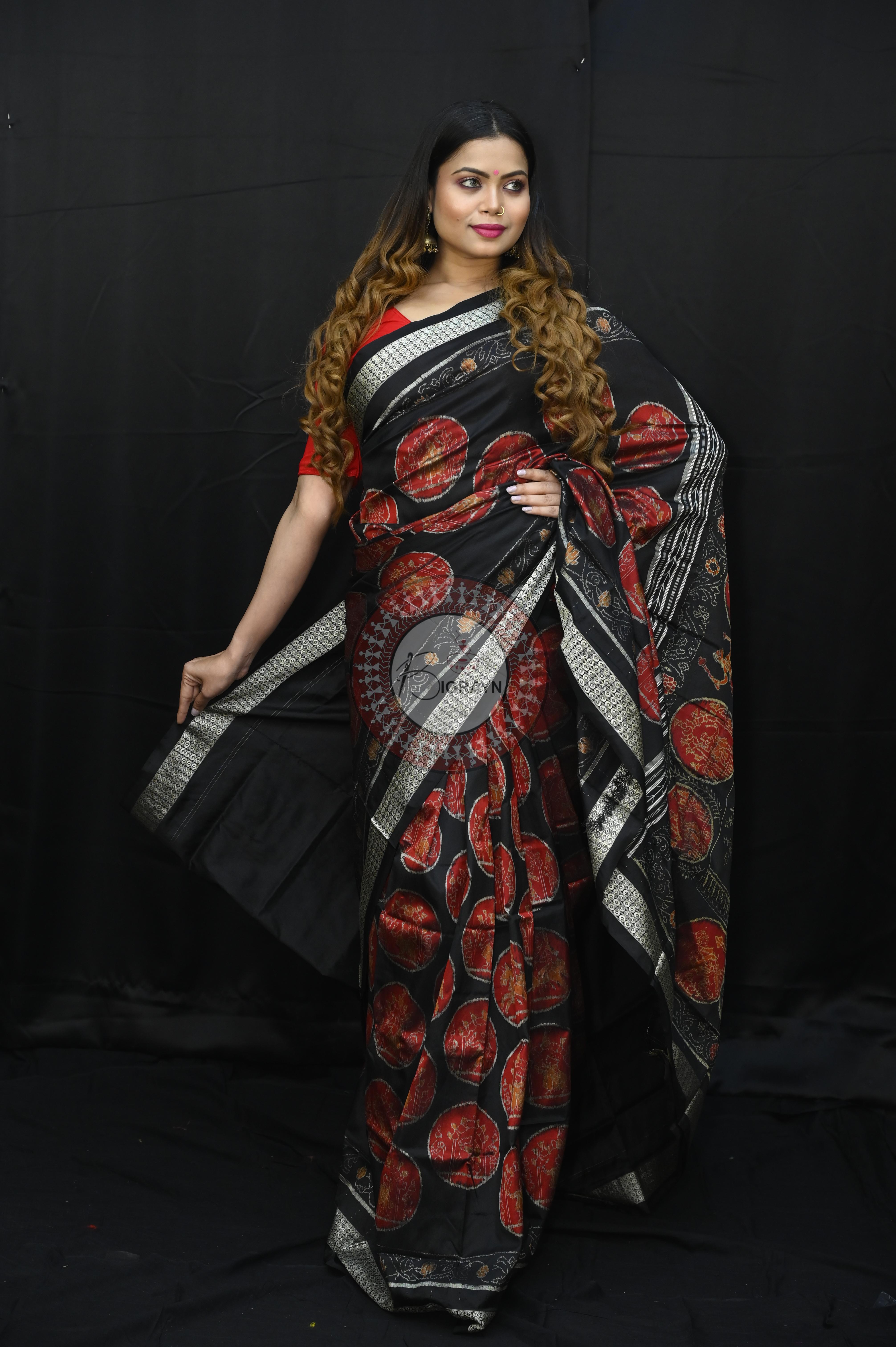 Black Red Ganjpa Exclusive Sambalpuri Silk Saree