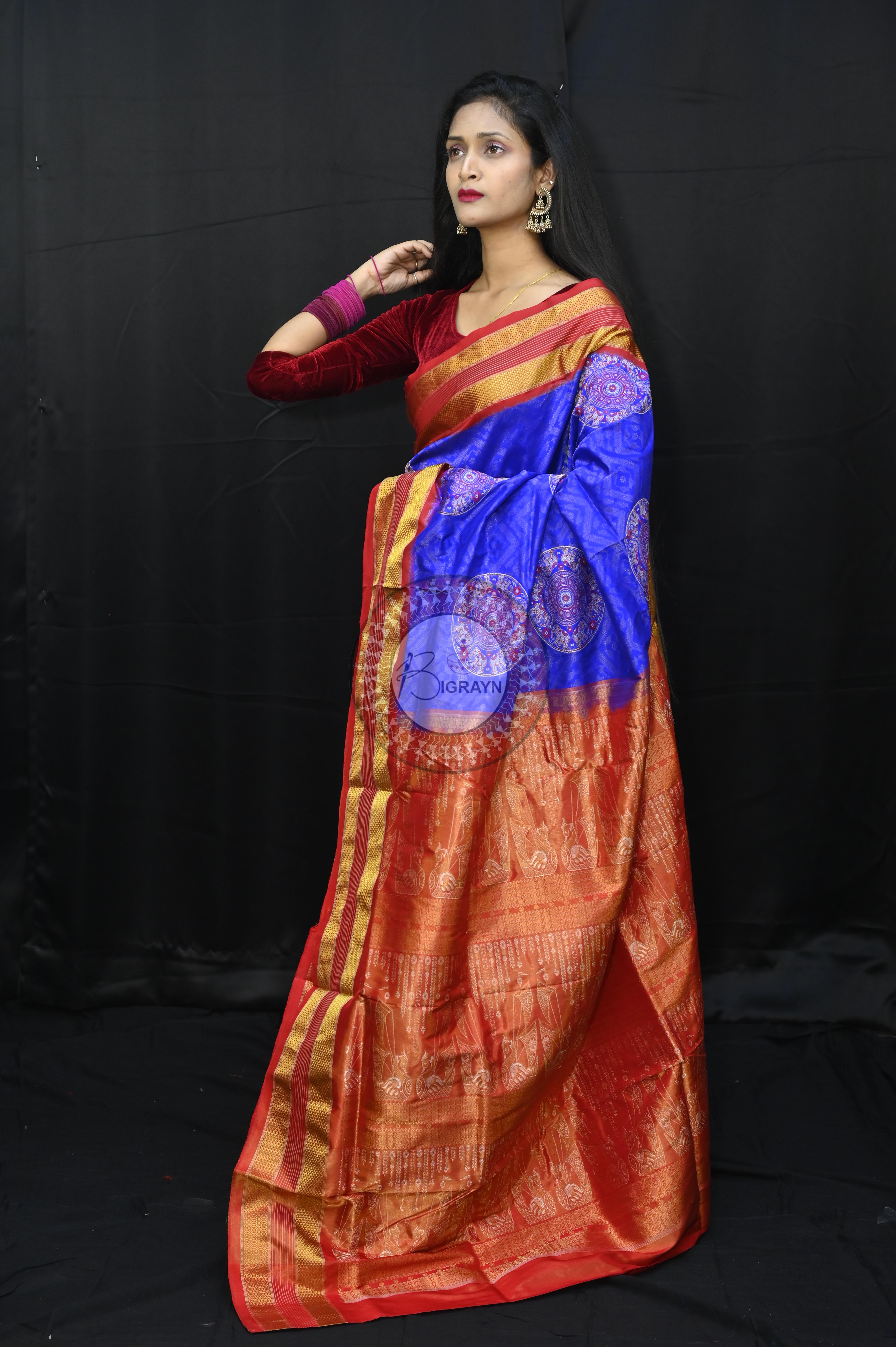 "Odisha Handloom Tissue Silk Saree with shimmering texture, elegant zari border, and lightweight drape, handcrafted by artisans"