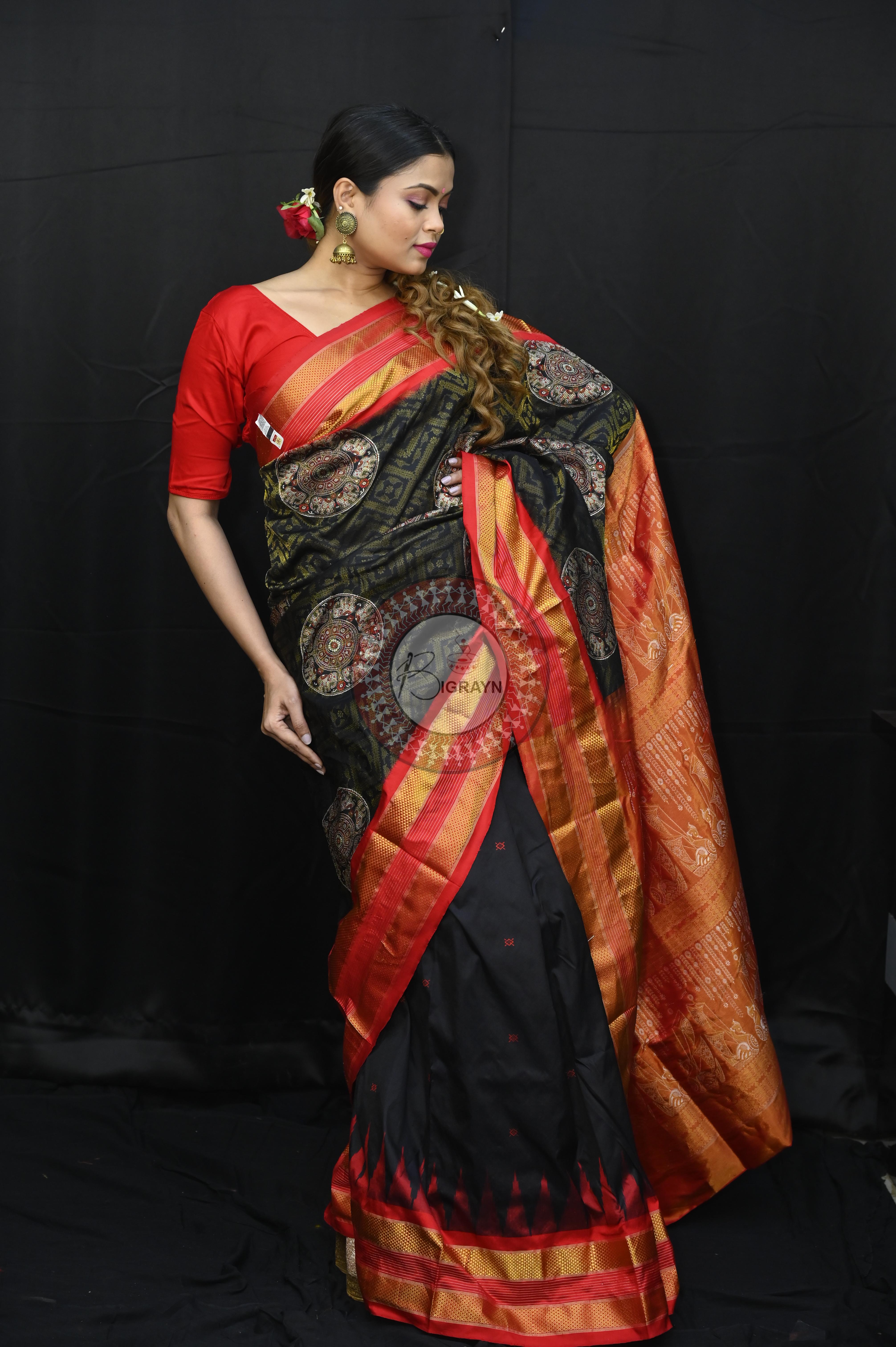 "Odisha Handloom Tissue Silk Saree with shimmering texture, elegant zari border, and lightweight drape, handcrafted by artisans"