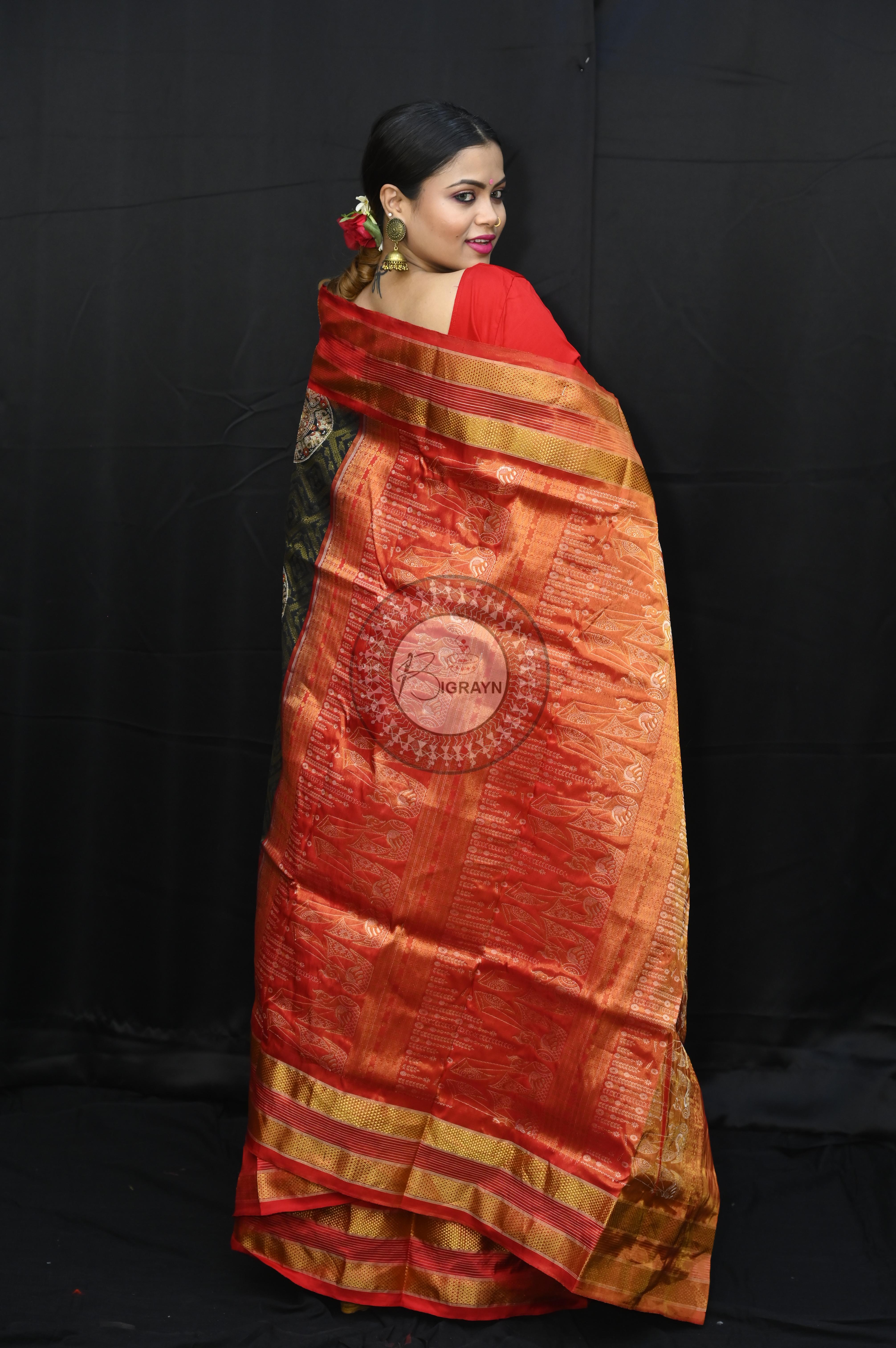"Odisha Handloom Tissue Silk Saree with shimmering texture, elegant zari border, and lightweight drape, handcrafted by artisans"