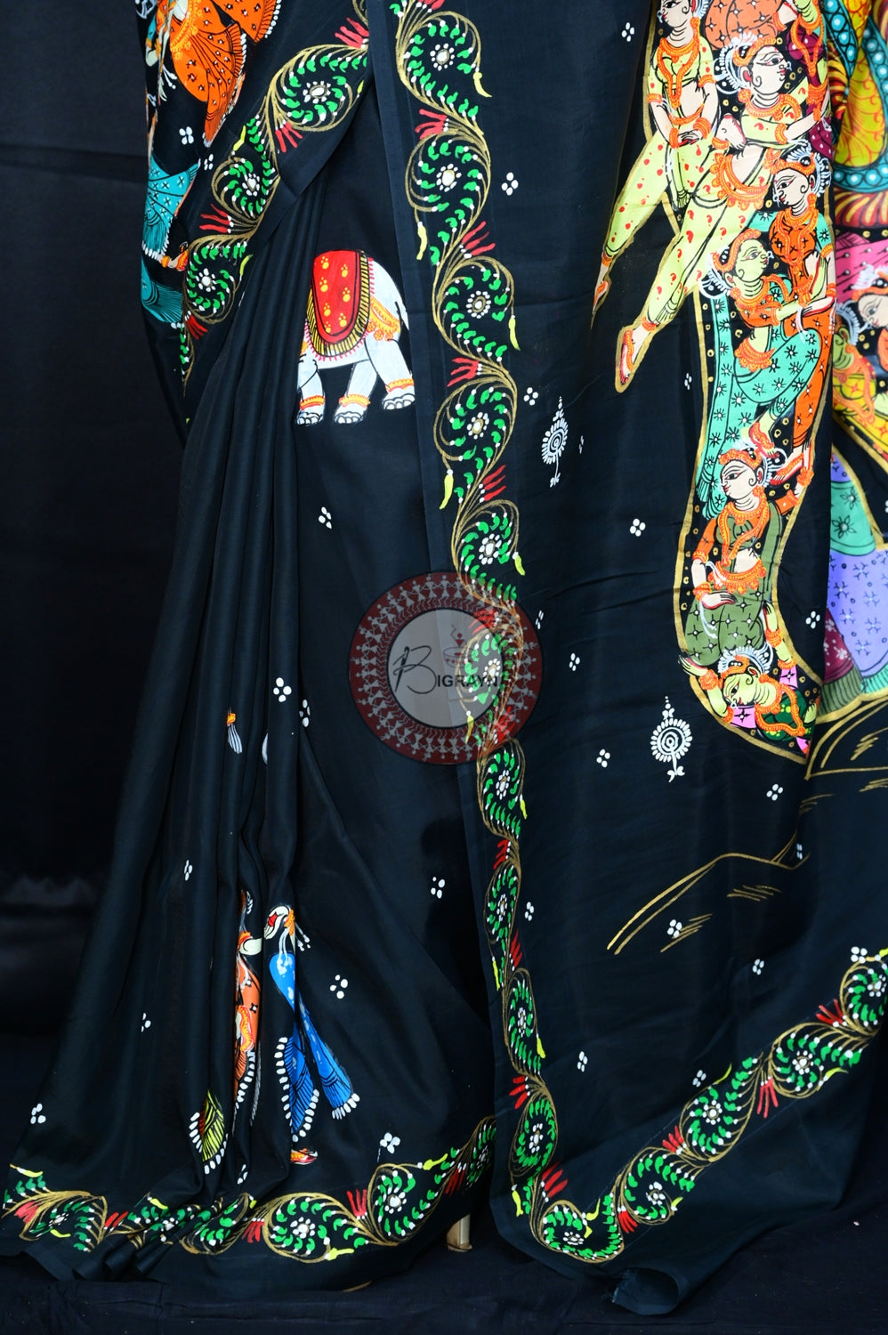 Black Kandarpa Hasti Pattachitra Silk Saree