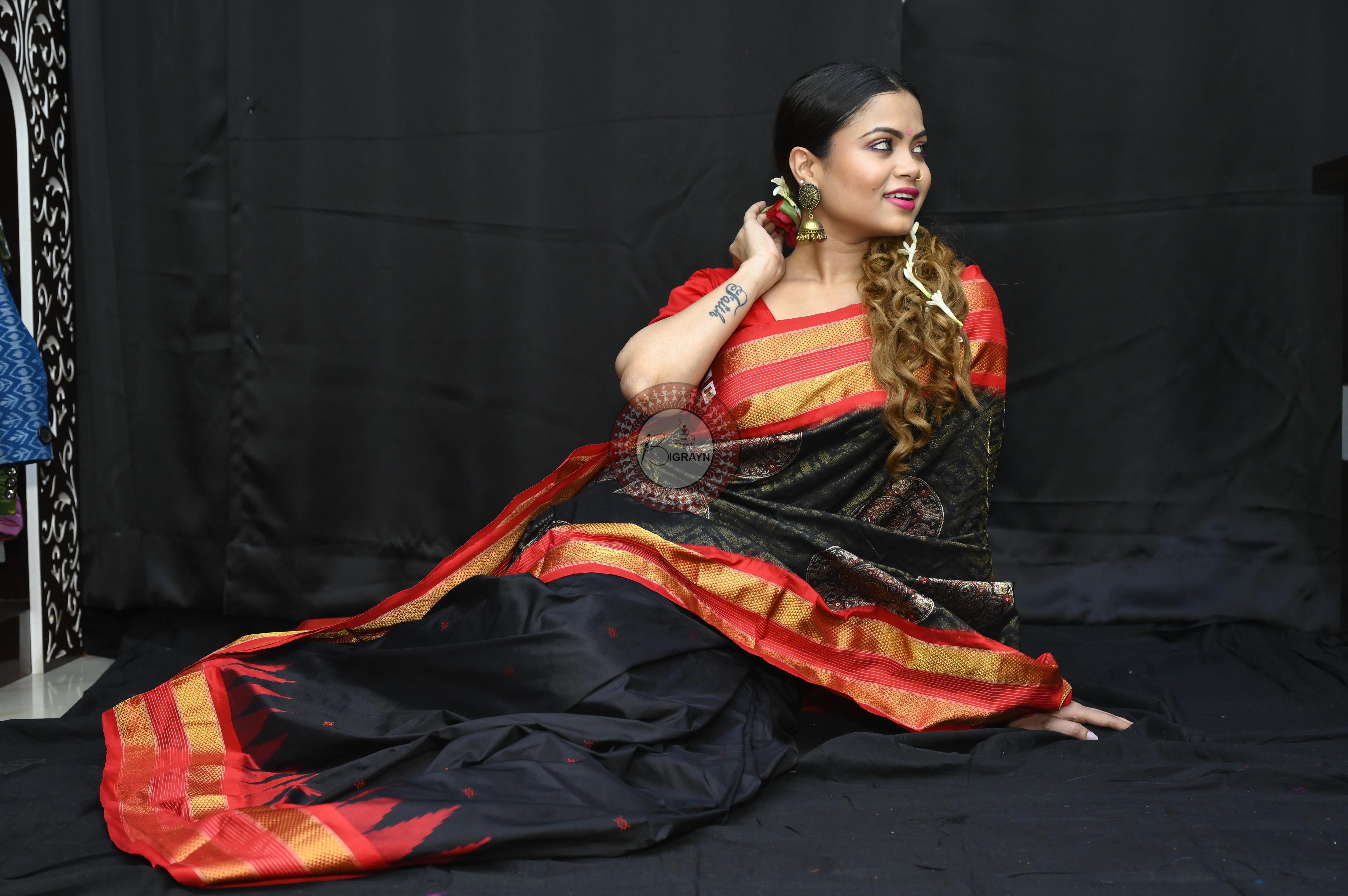 "Odisha Handloom Tissue Silk Saree with shimmering texture, elegant zari border, and lightweight drape, handcrafted by artisans"