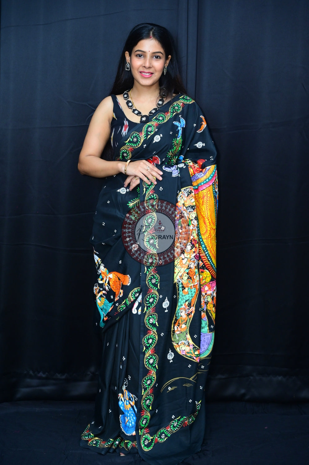 Black Kandarpa Hasti Pattachitra Silk Saree