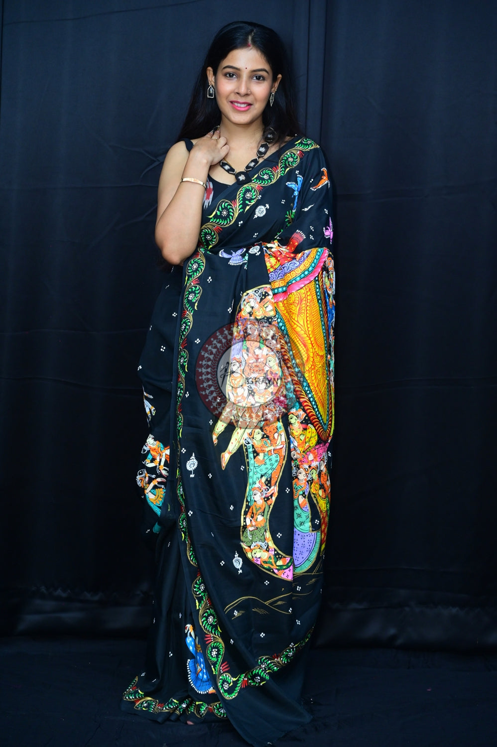 Black Kandarpa Hasti Pattachitra Silk Saree