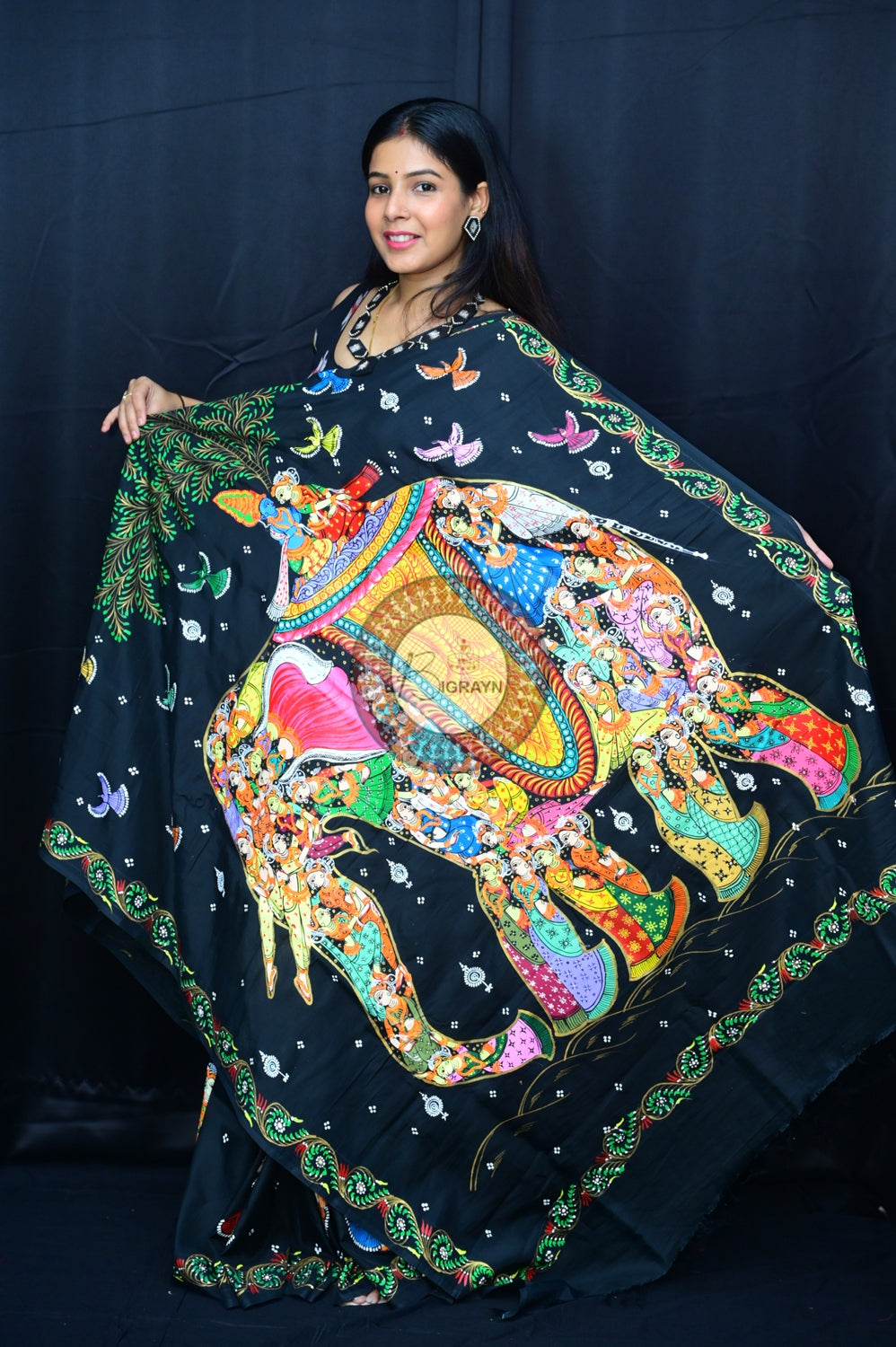 Black Kandarpa Hasti Pattachitra Silk Saree