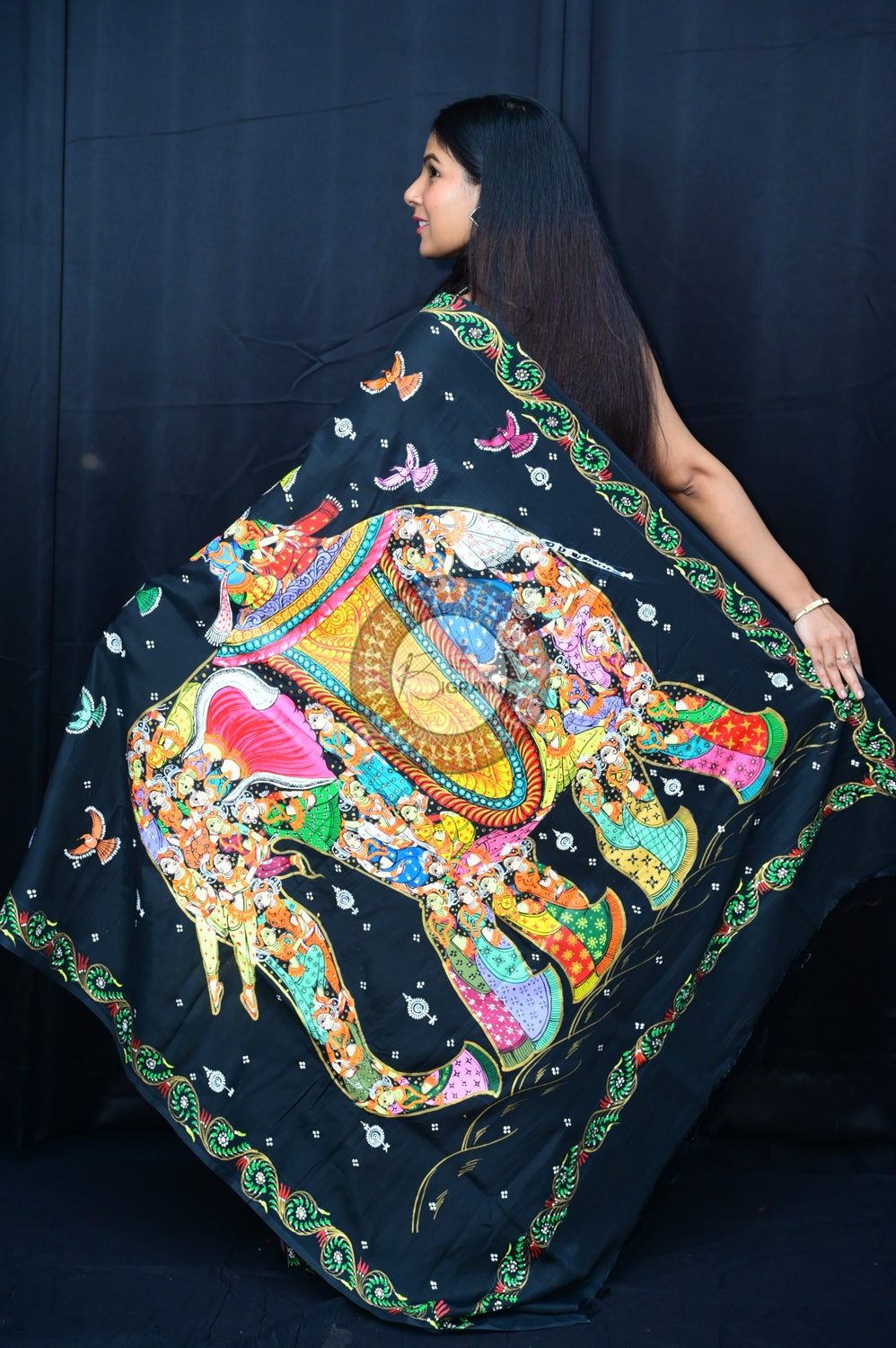 Black Kandarpa Hasti Pattachitra Silk Saree