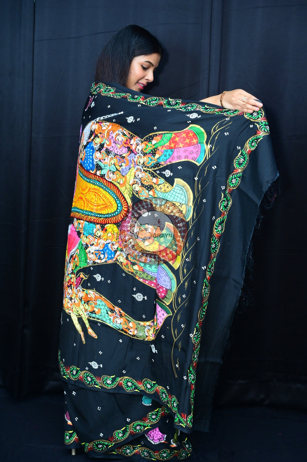 Black Kandarpa Hasti Pattachitra Silk Saree