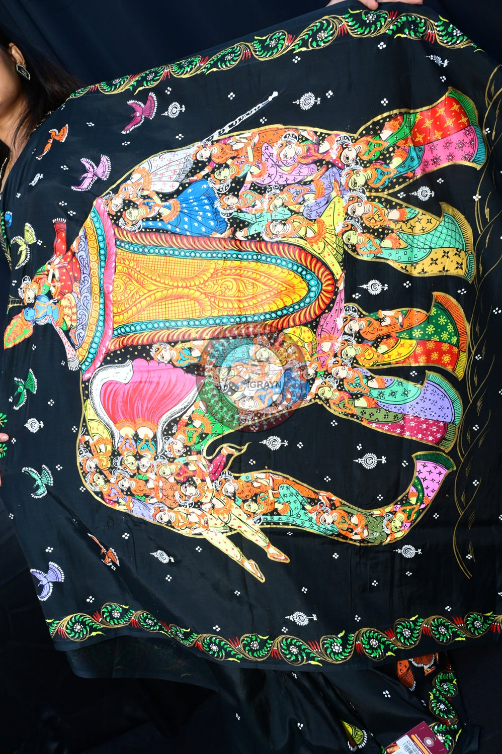 Black Kandarpa Hasti Pattachitra Silk Saree