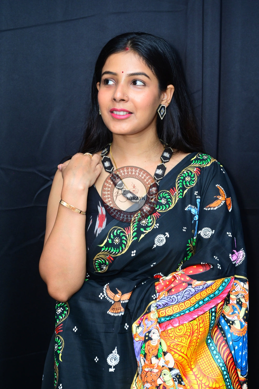 Black Kandarpa Hasti Pattachitra Silk Saree