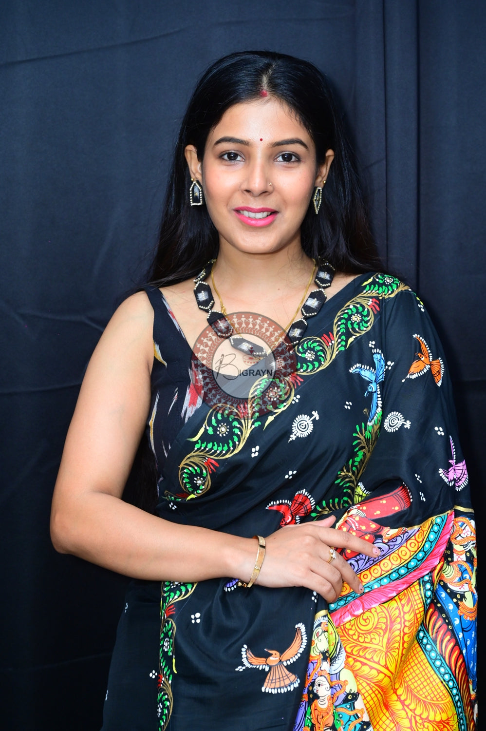 Black Kandarpa Hasti Pattachitra Silk Saree