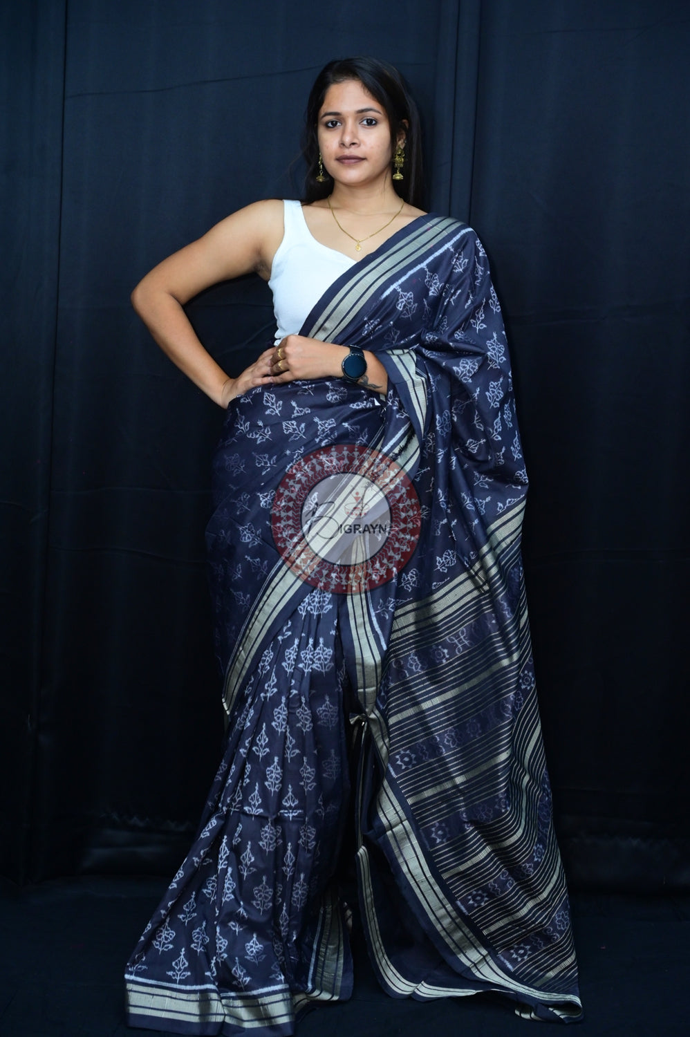 Black Hibiscus Natural Dye Silk Saree
