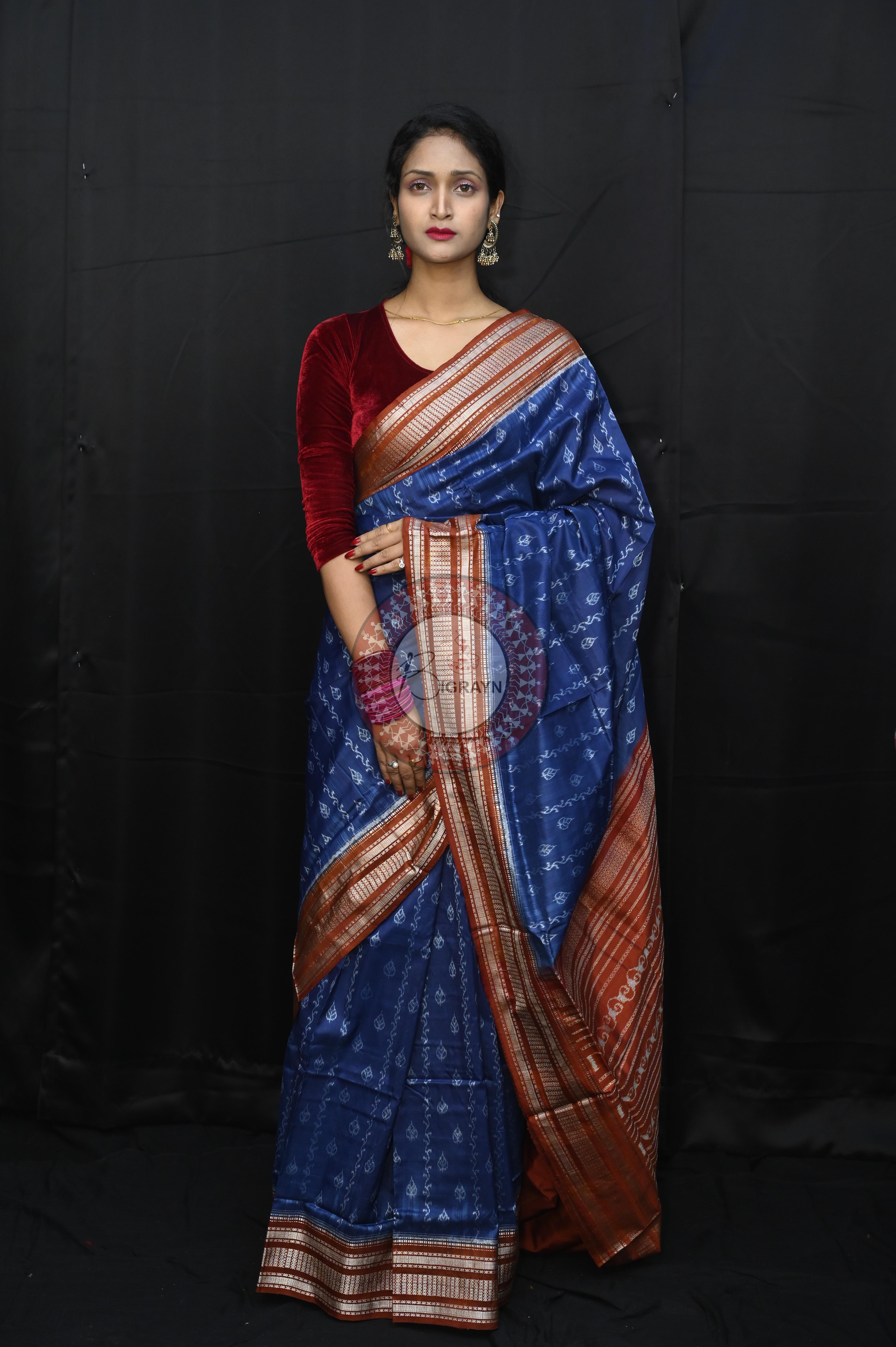 Indigo Blue Maroon Leaf Design Natural Dye Sambalpuri Silk Saree