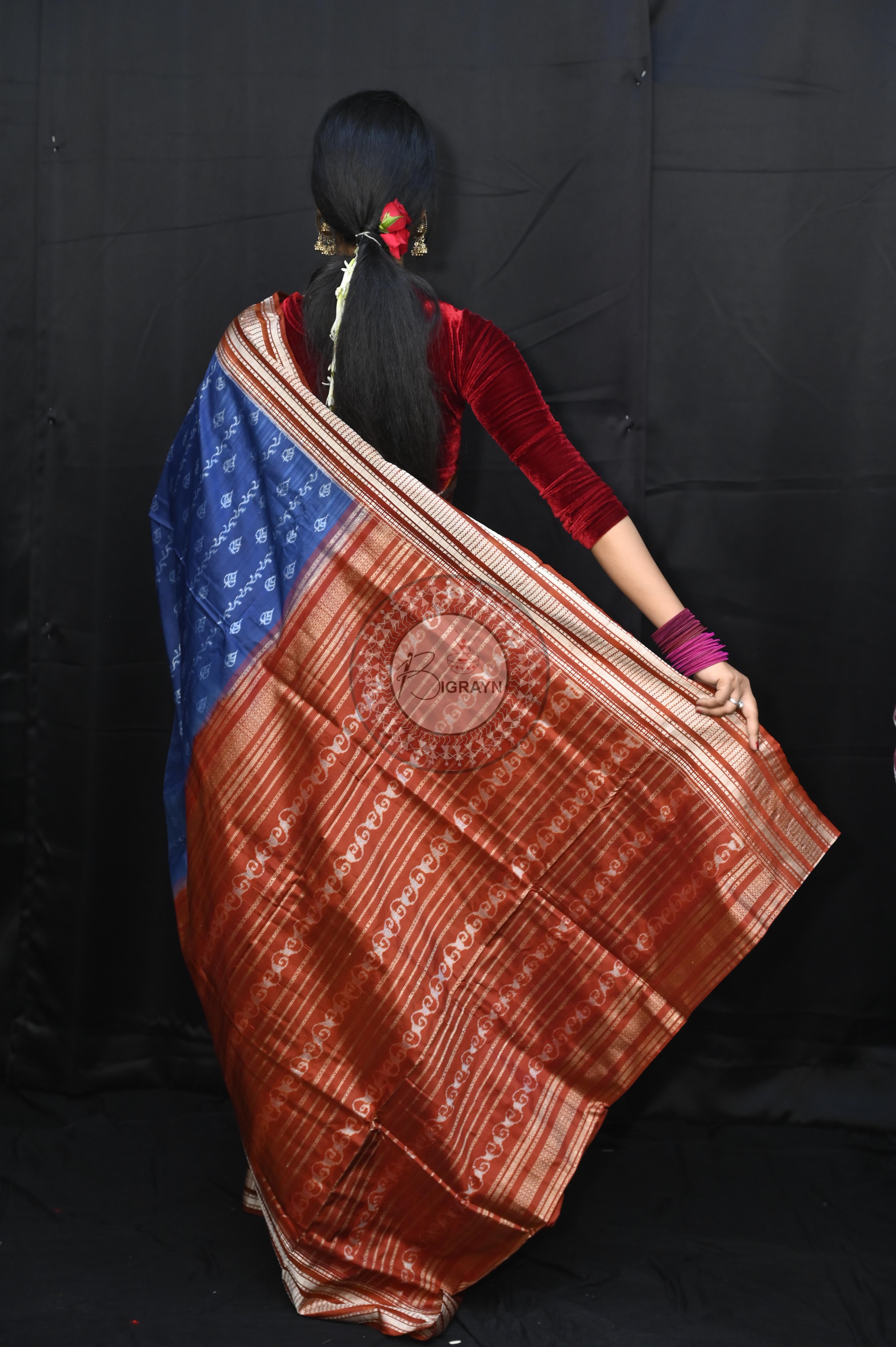 Indigo Blue Maroon Leaf Design Natural Dye Sambalpuri Silk Saree