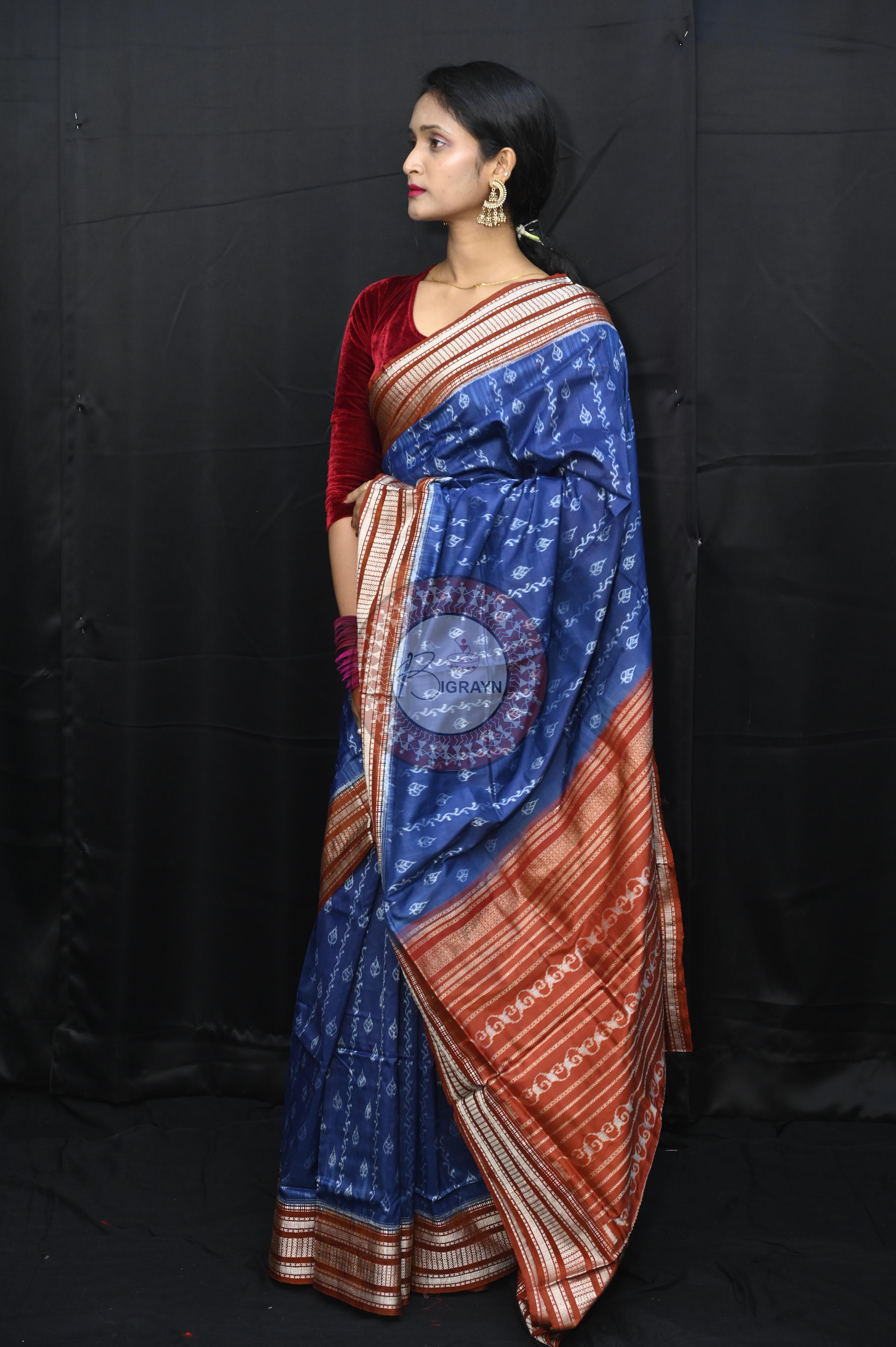 Indigo Blue Maroon Leaf Design Natural Dye Sambalpuri Silk Saree