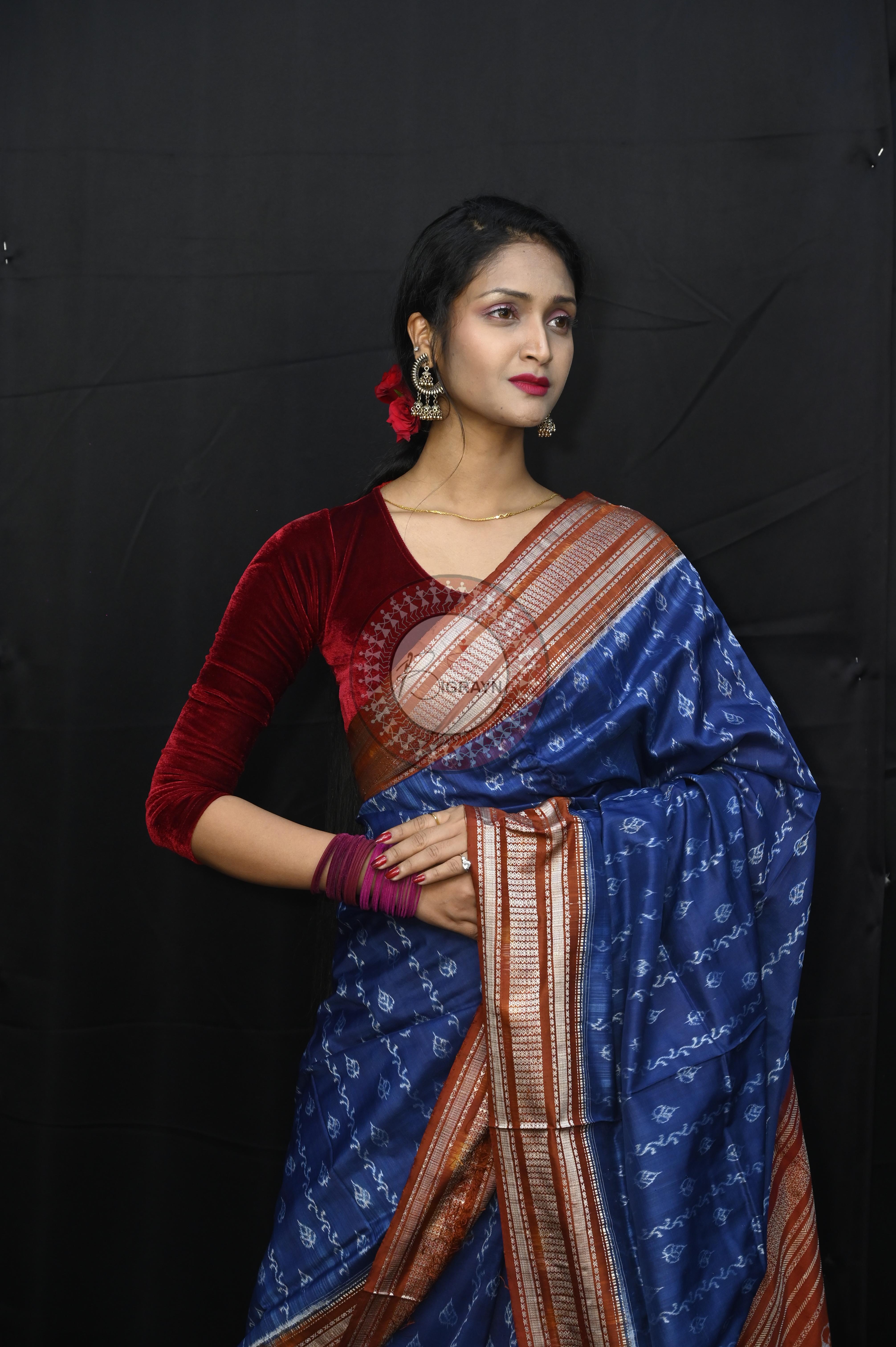 Indigo Blue Maroon Leaf Design Natural Dye Sambalpuri Silk Saree