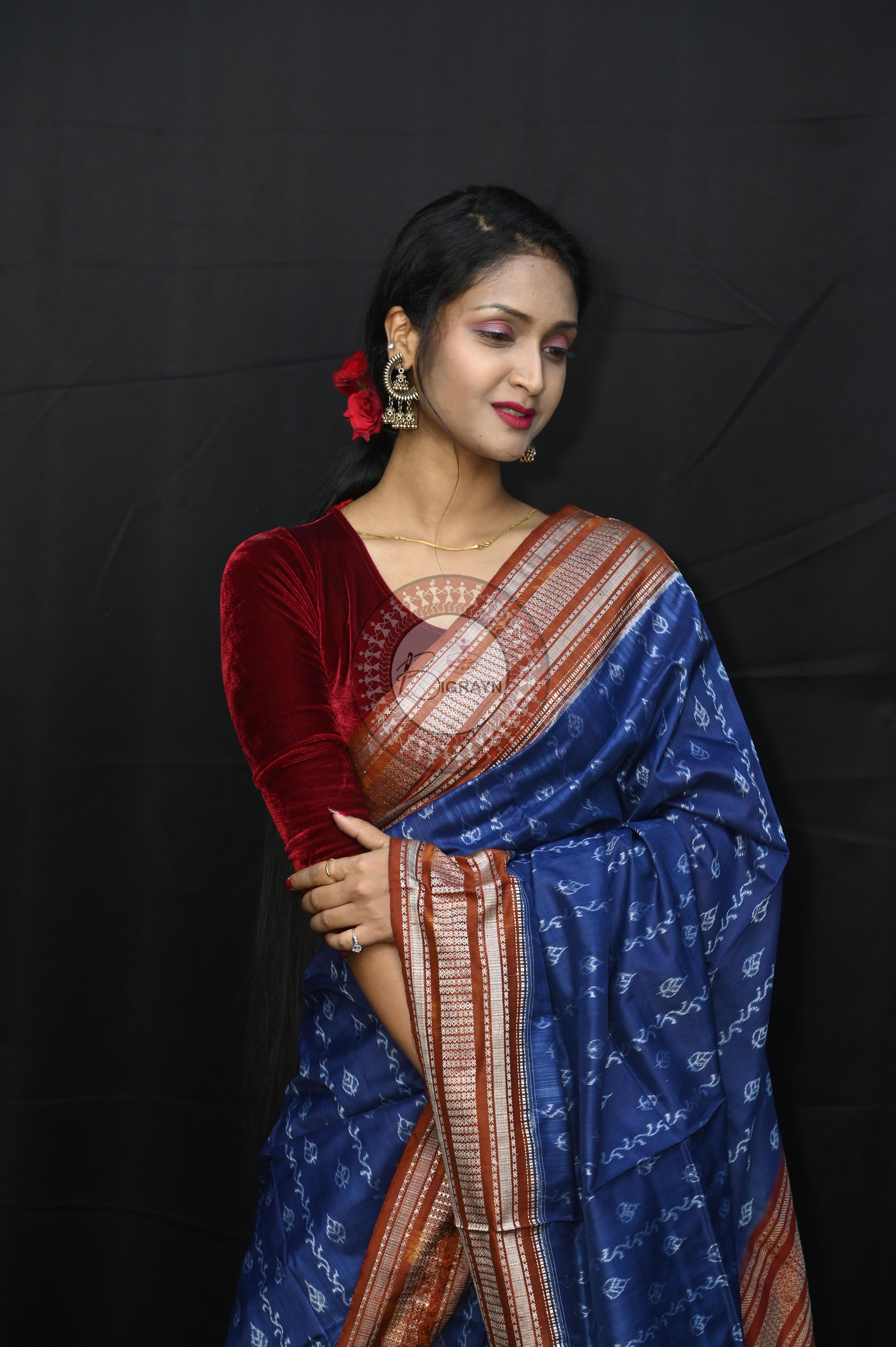 Indigo Blue Maroon Leaf Design Natural Dye Sambalpuri Silk Saree