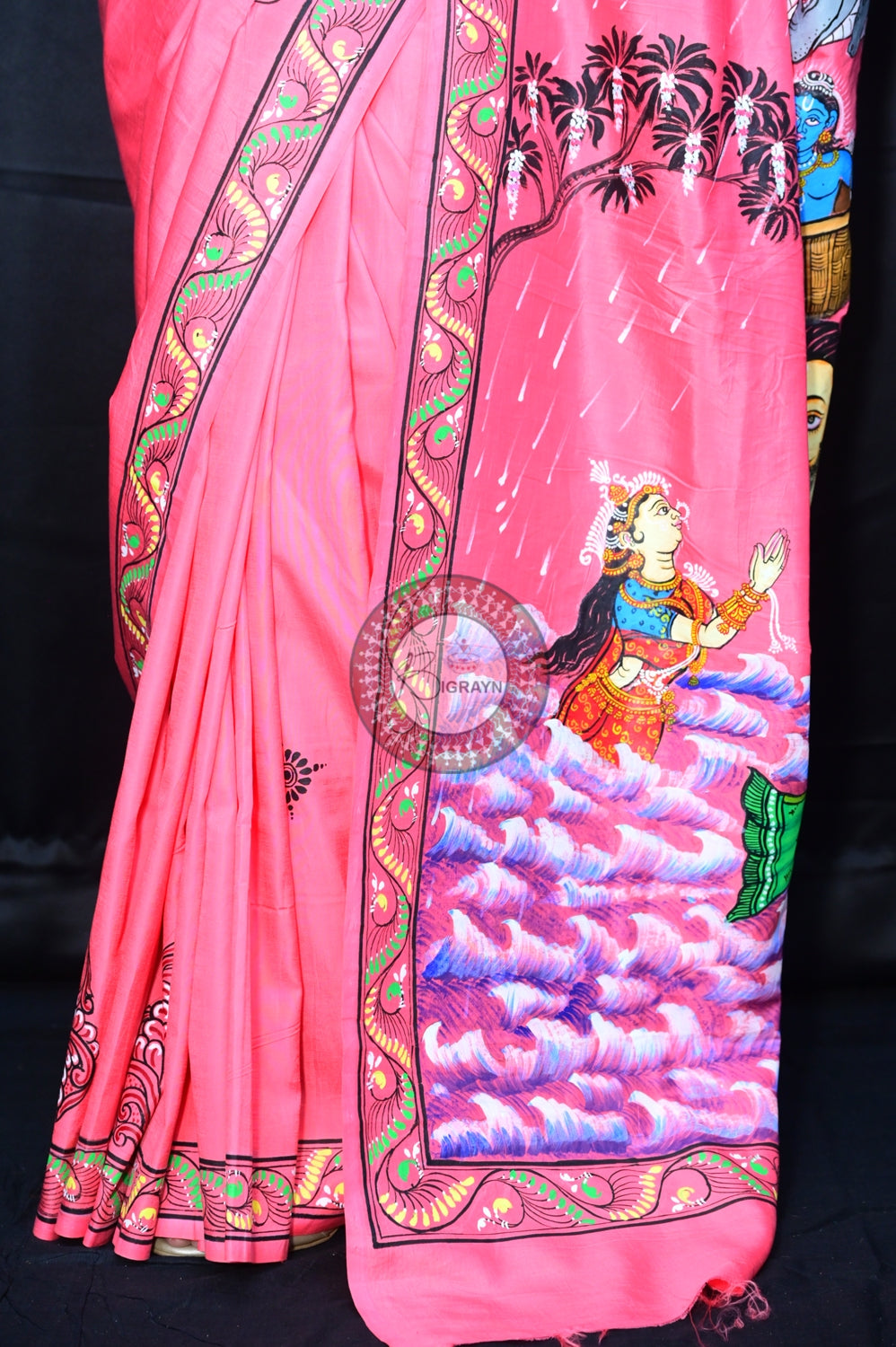 Pink Krishna Birth Pattachitra Silk Saree