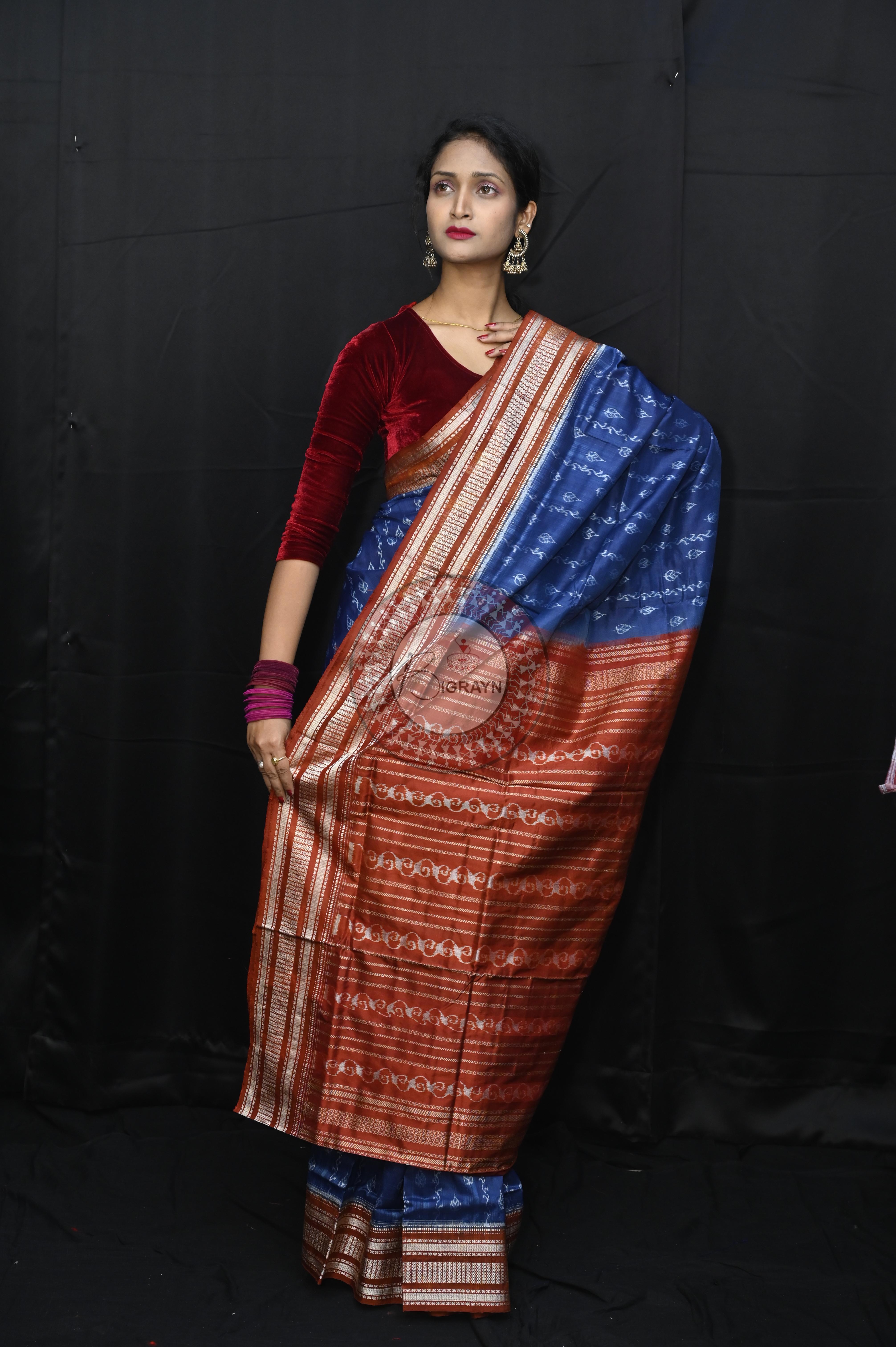 Indigo Blue Maroon Leaf Design Natural Dye Sambalpuri Silk Saree