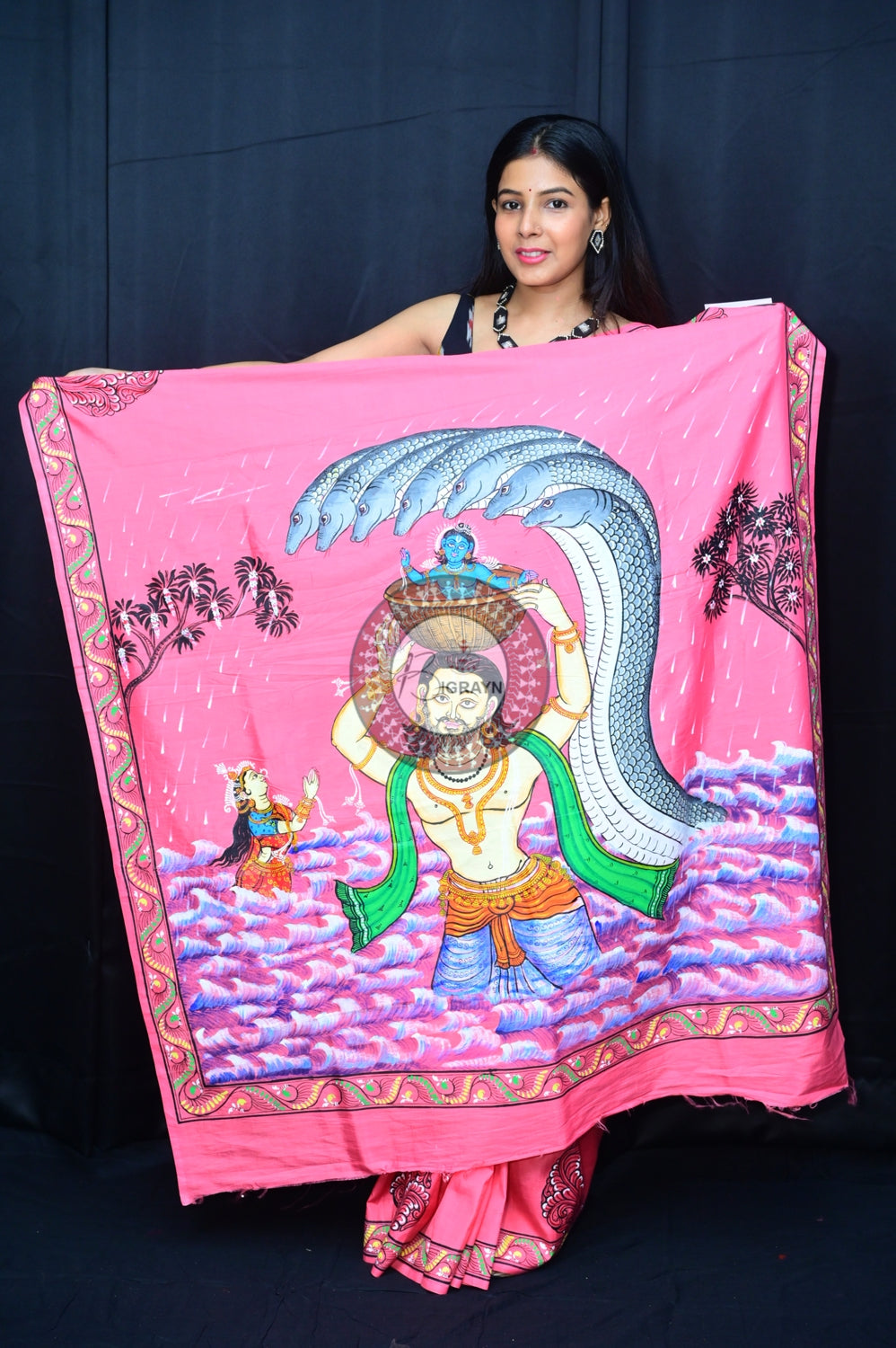 Pink Krishna Birth Pattachitra Silk Saree