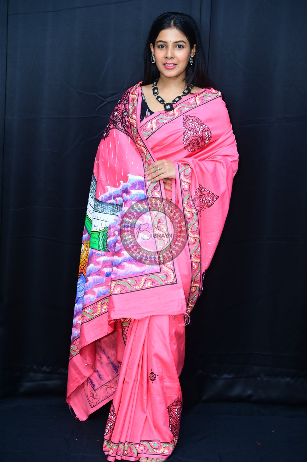 Pink Krishna Birth Pattachitra Silk Saree