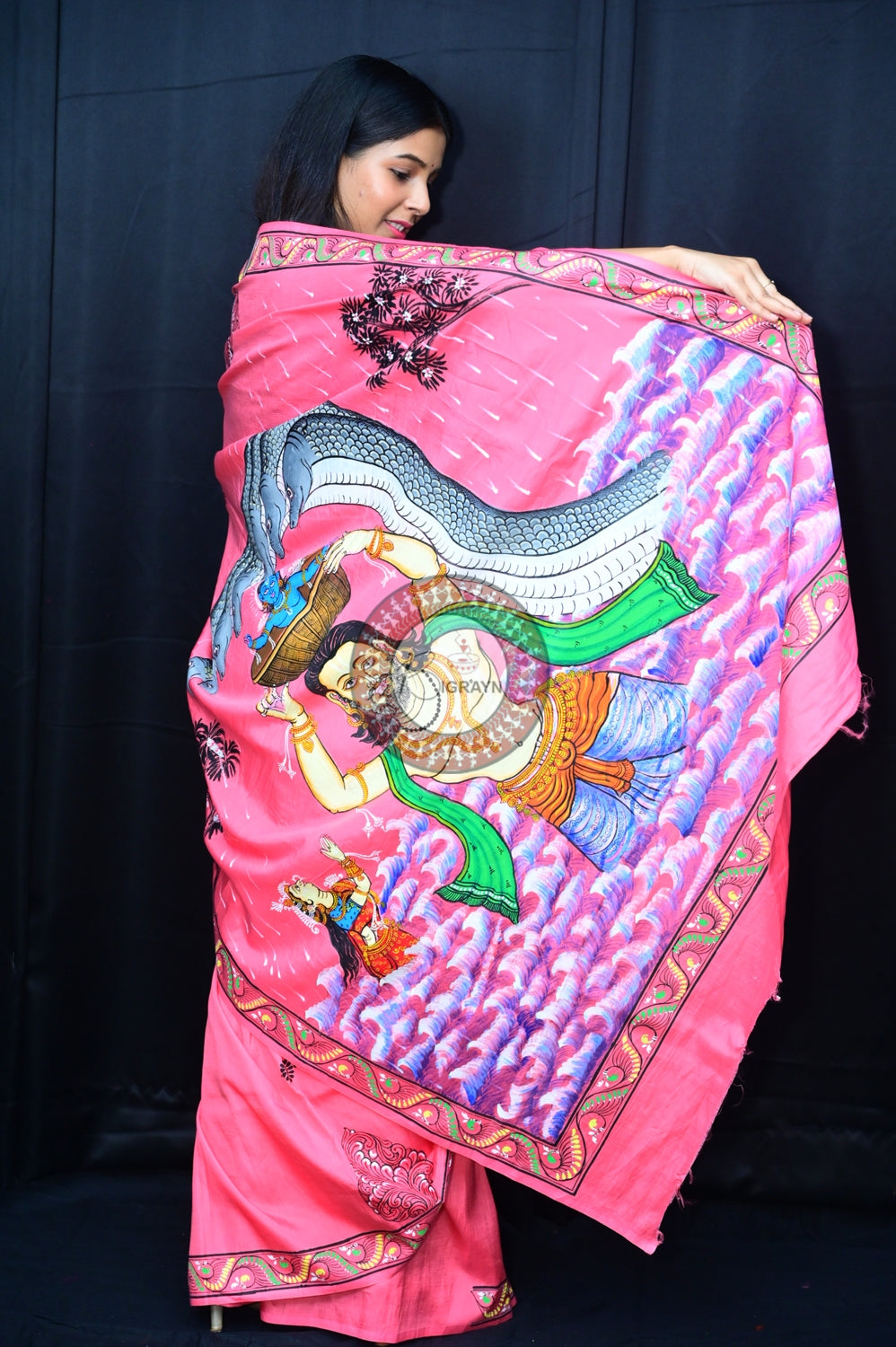 Pink Krishna Birth Pattachitra Silk Saree