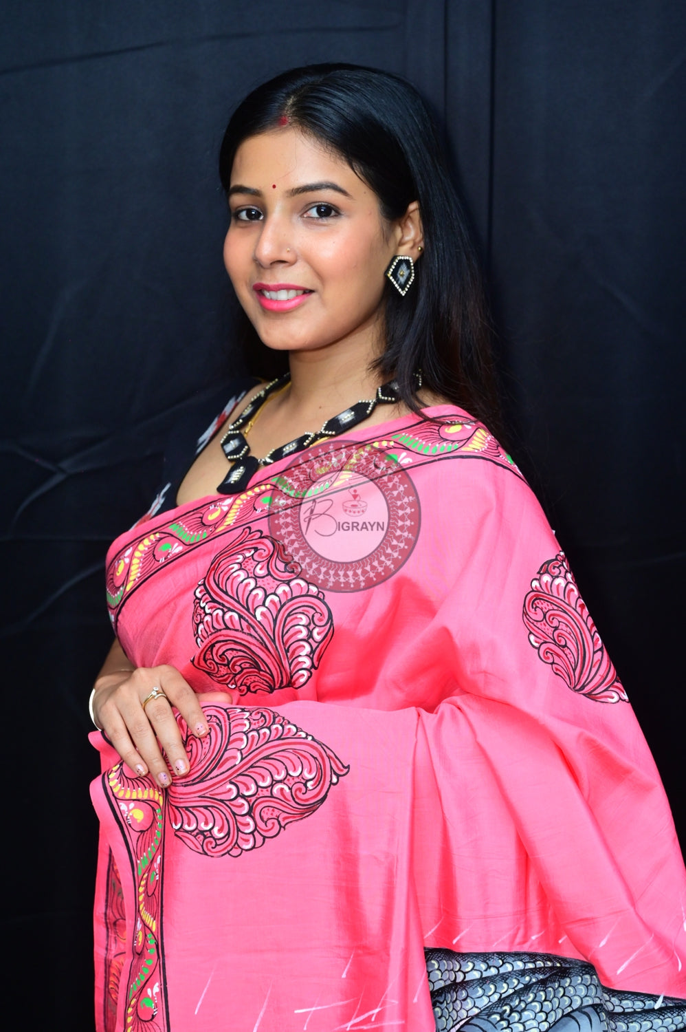Pink Krishna Birth Pattachitra Silk Saree