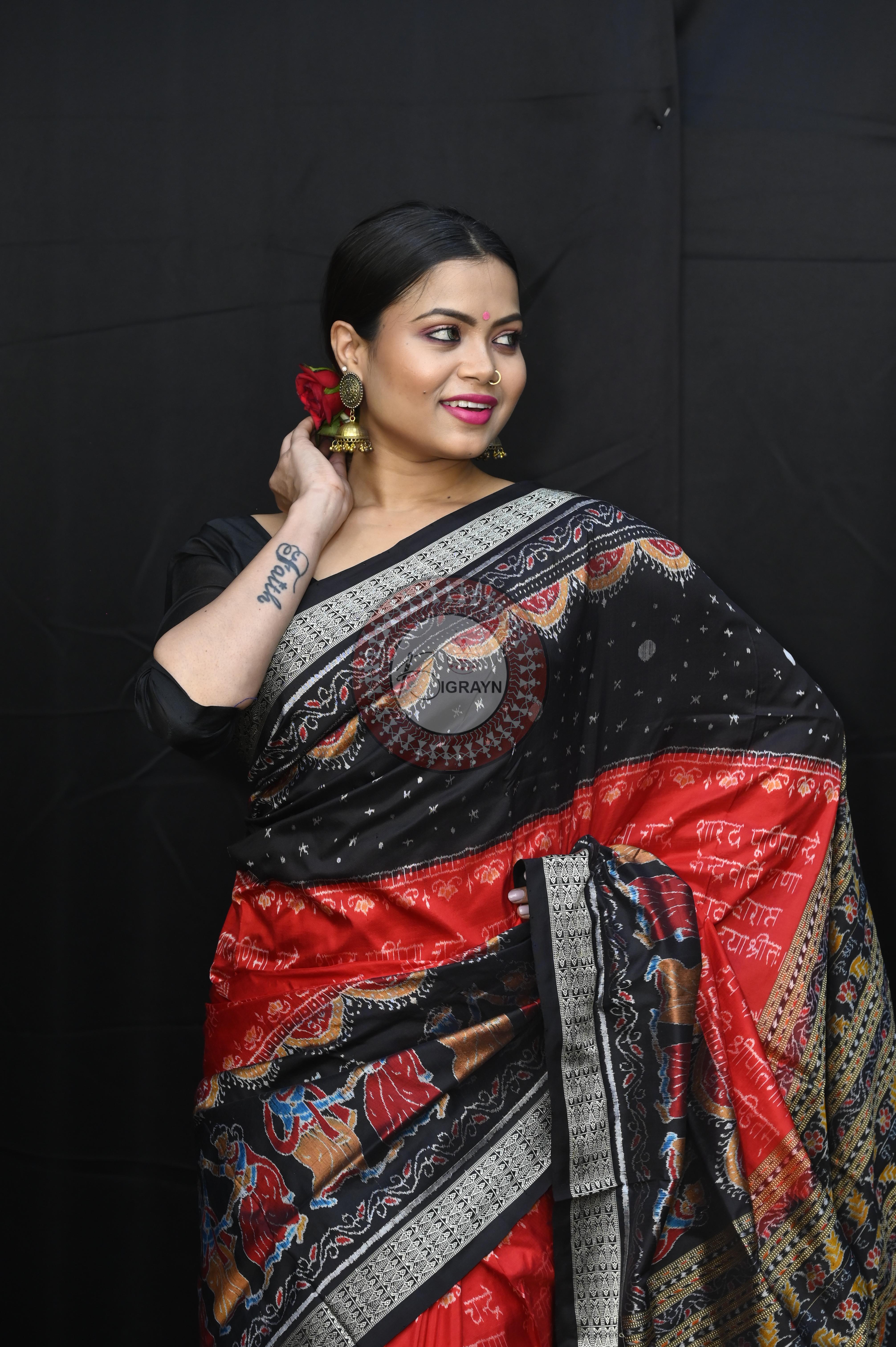 Red Black Exclusive Asta Sakhi National Awarded Sambalpuri Silk Saree