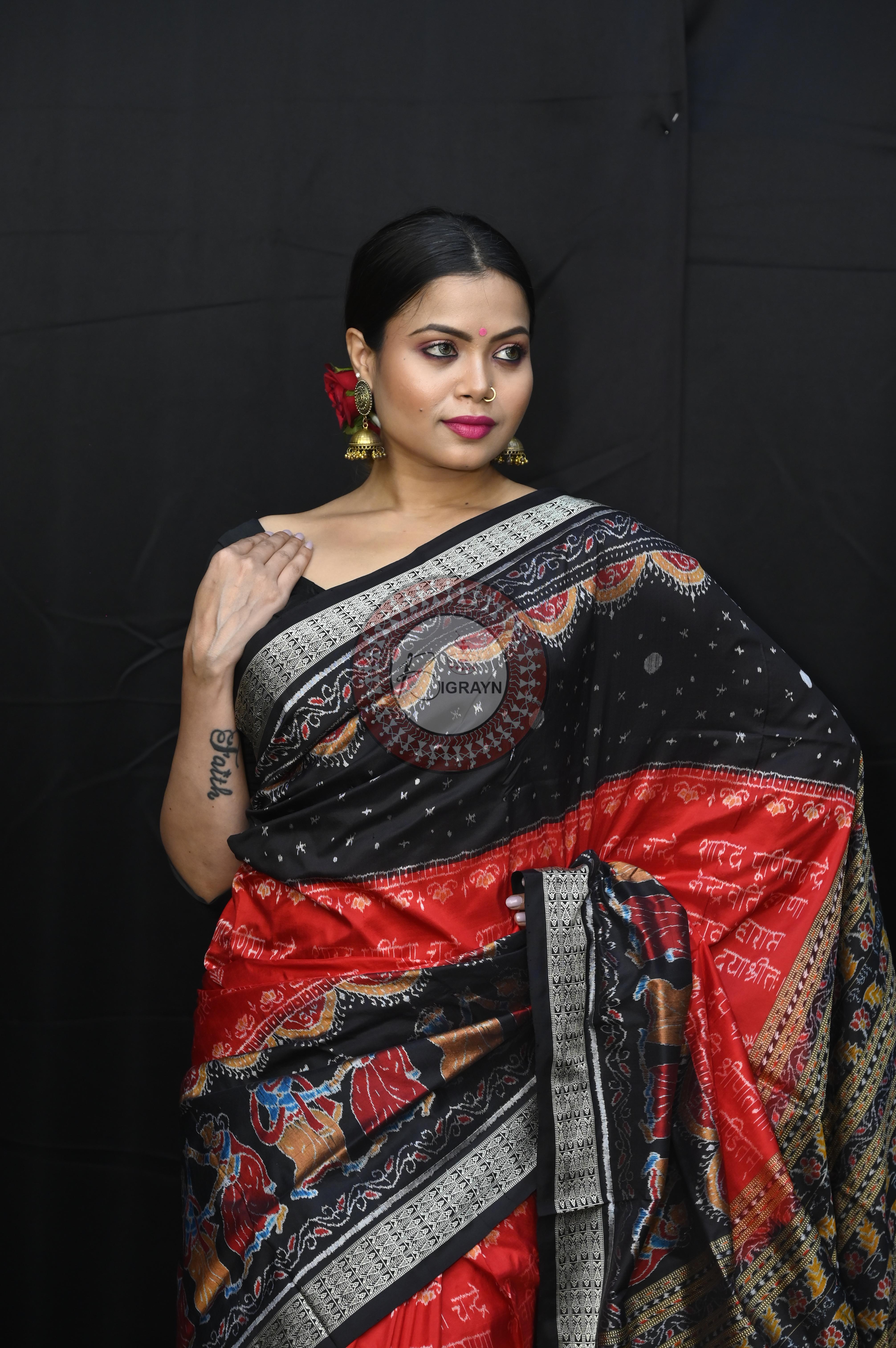 Red Black Exclusive Asta Sakhi National Awarded Sambalpuri Silk Saree
