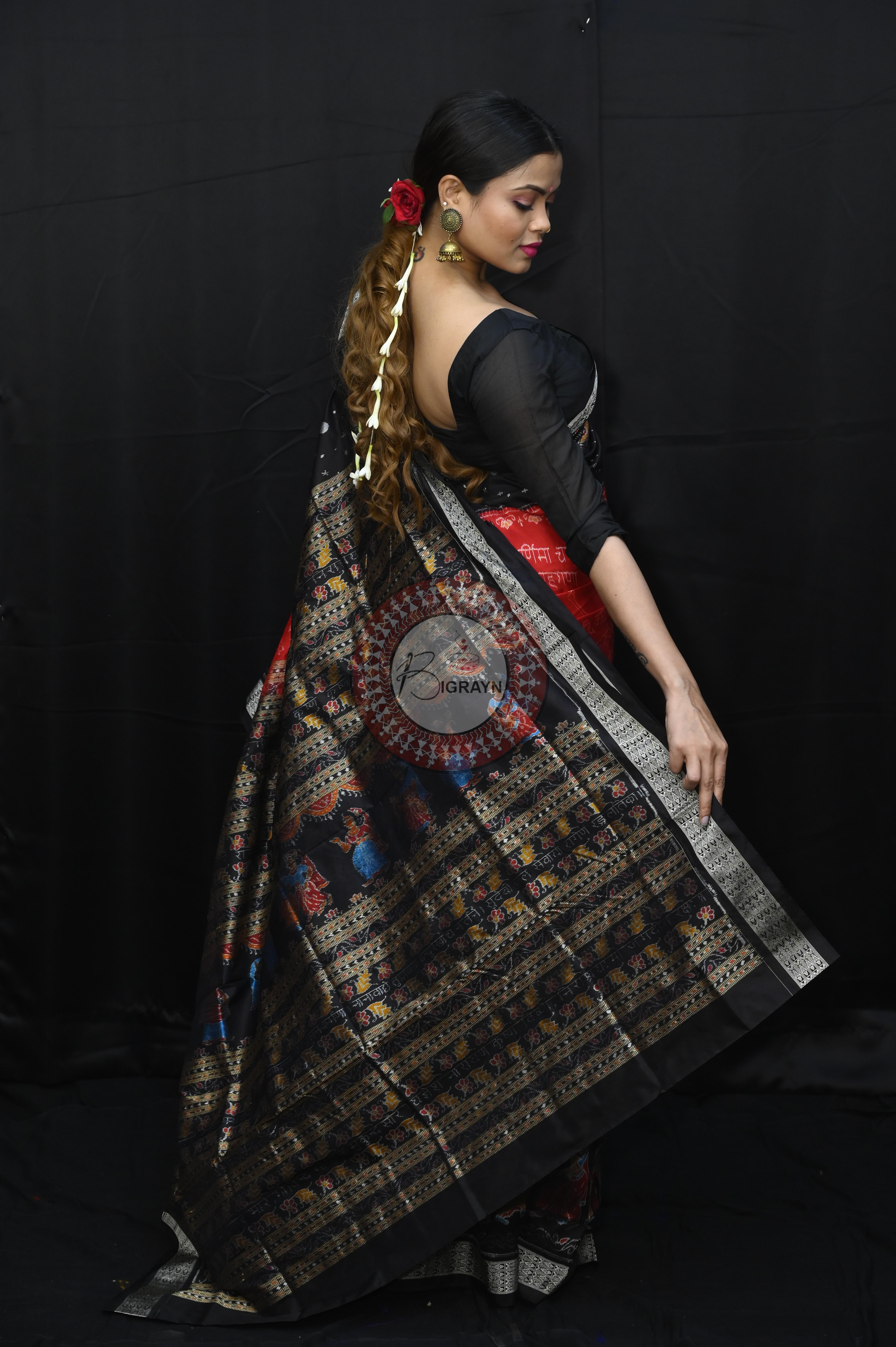 Red Black Exclusive Asta Sakhi National Awarded Sambalpuri Silk Saree