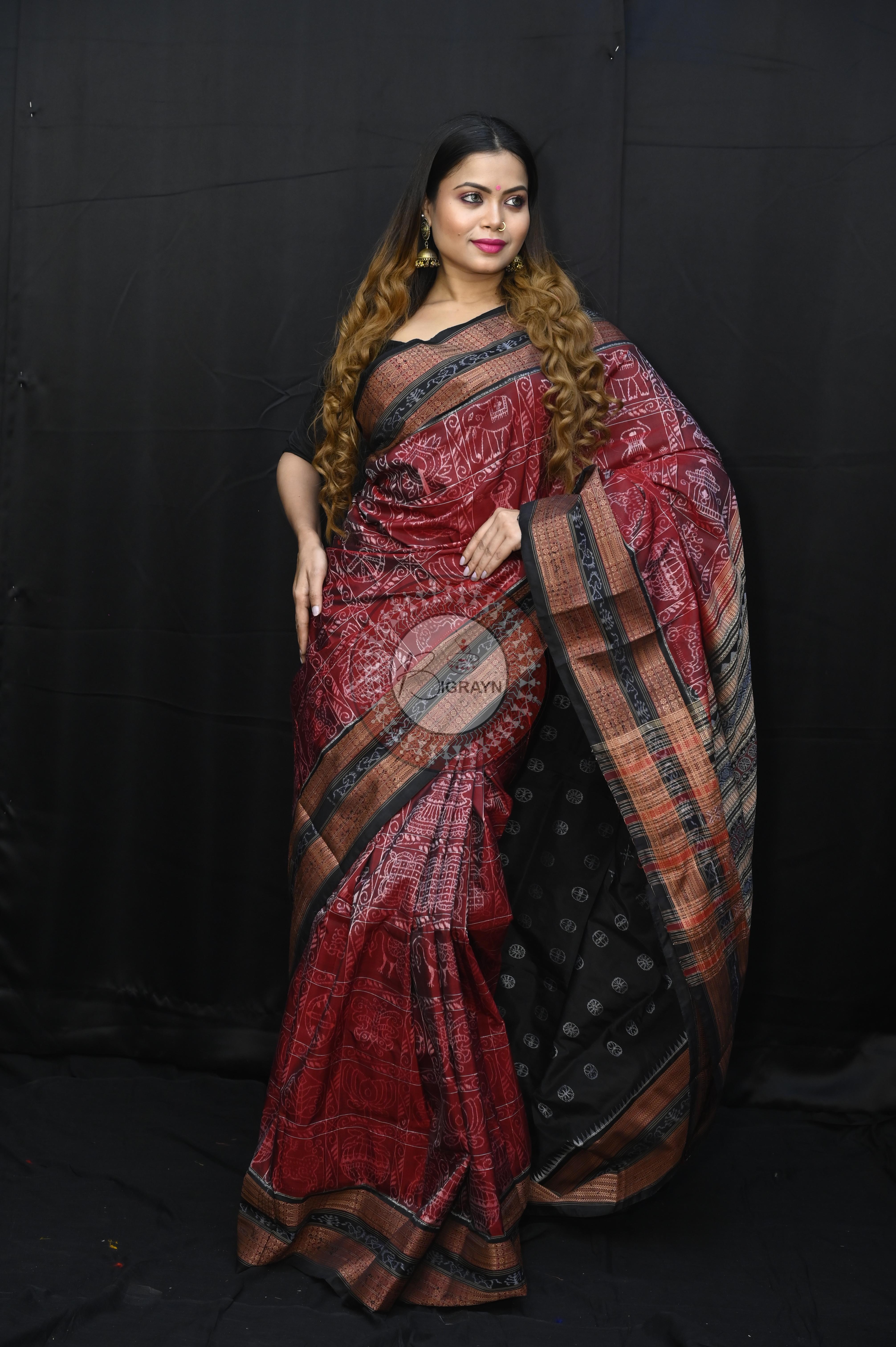 Maroon Black Nabakothi National Awarded Master Weave Sambalpuri Silk Saree