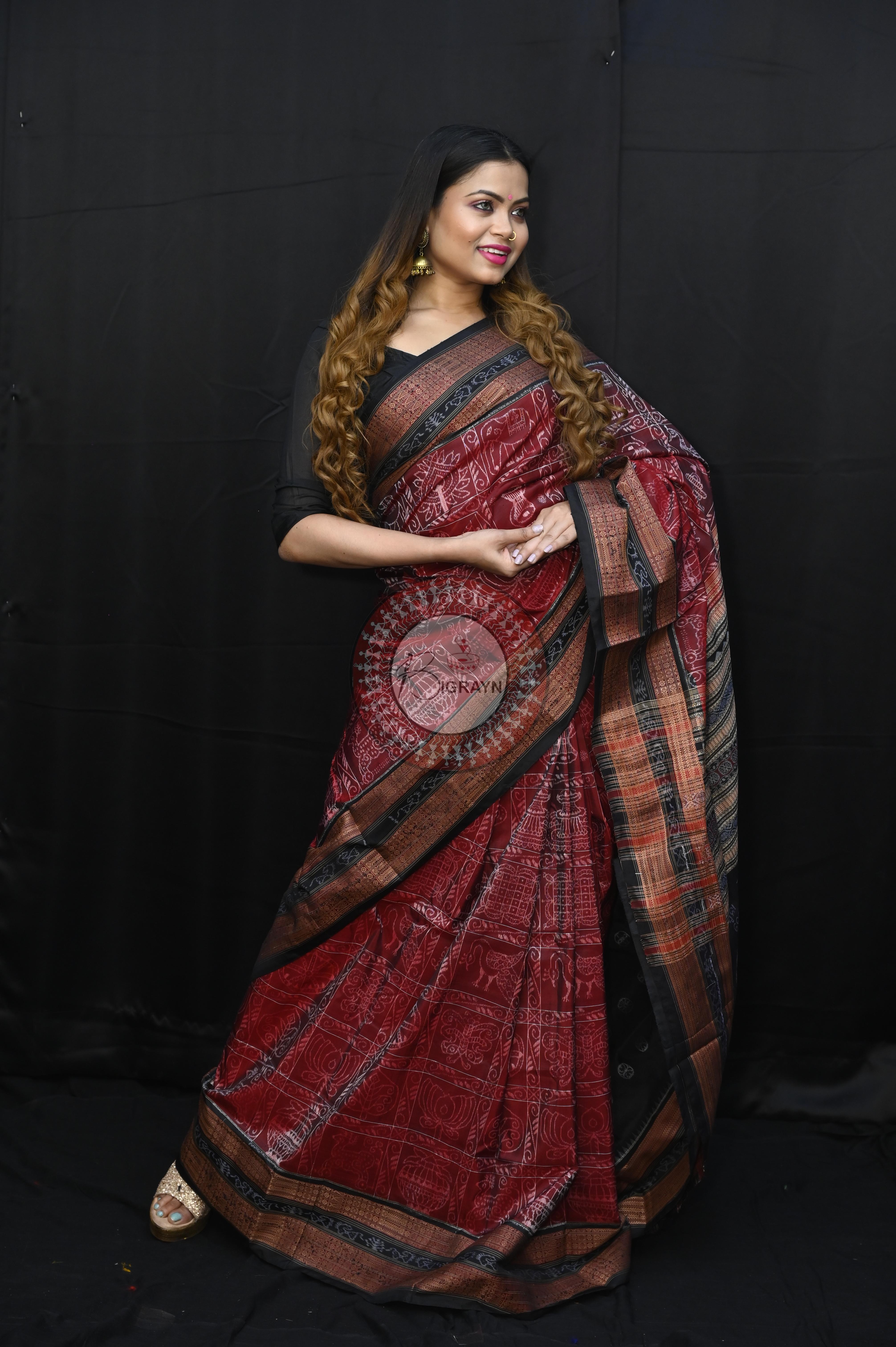 Maroon Black Nabakothi National Awarded Master Weave Sambalpuri Silk Saree