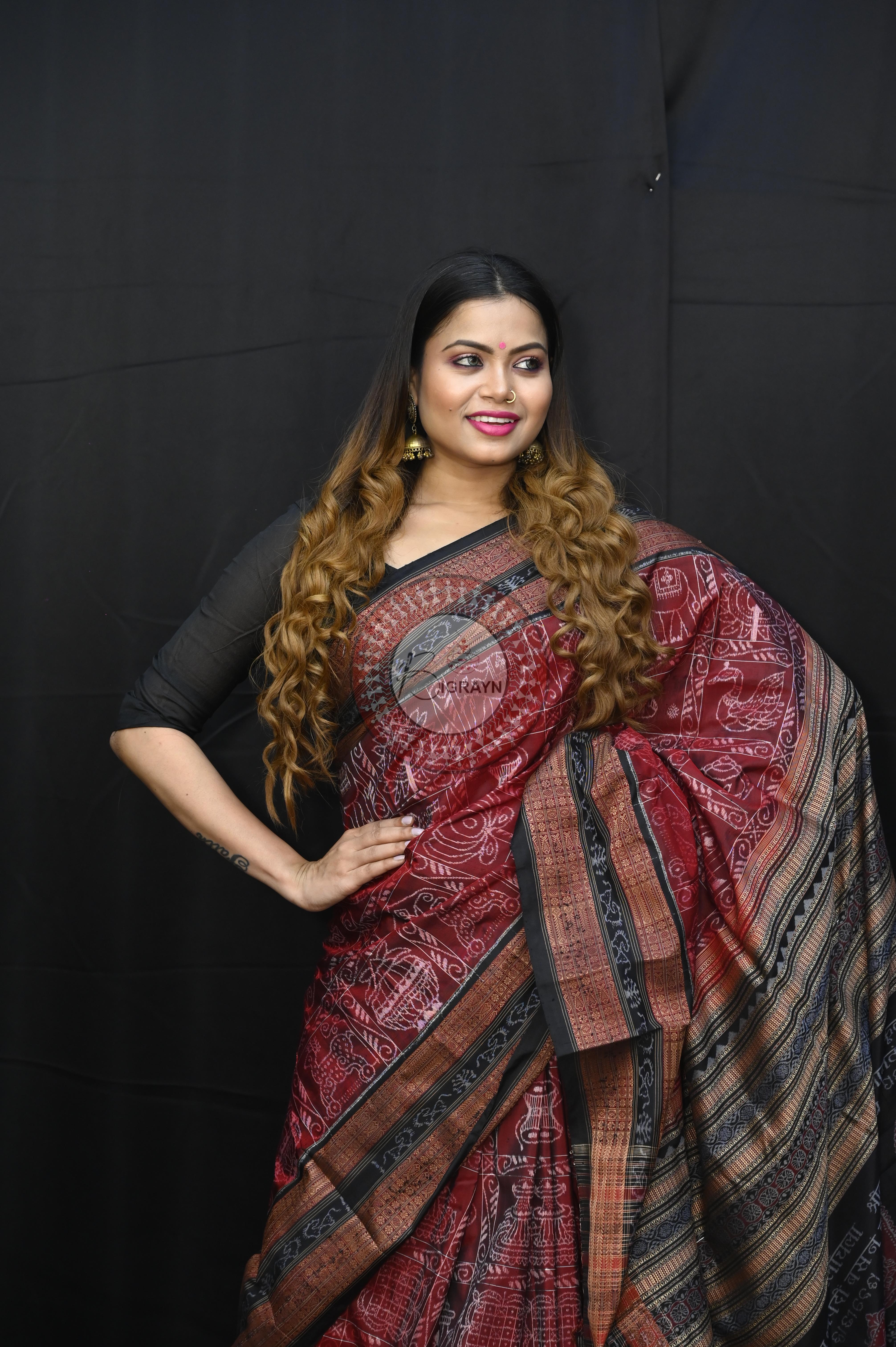 Maroon Black Nabakothi National Awarded Master Weave Sambalpuri Silk Saree