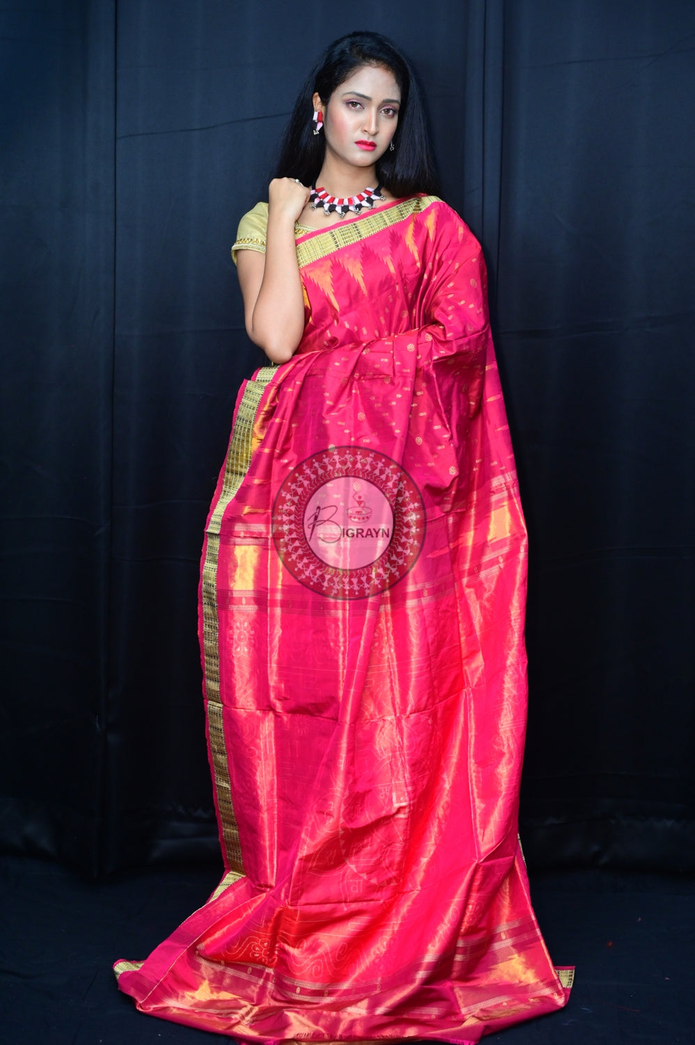 "Odisha Handloom Tissue Silk Saree with shimmering texture, elegant zari border, and lightweight drape, handcrafted by artisans"