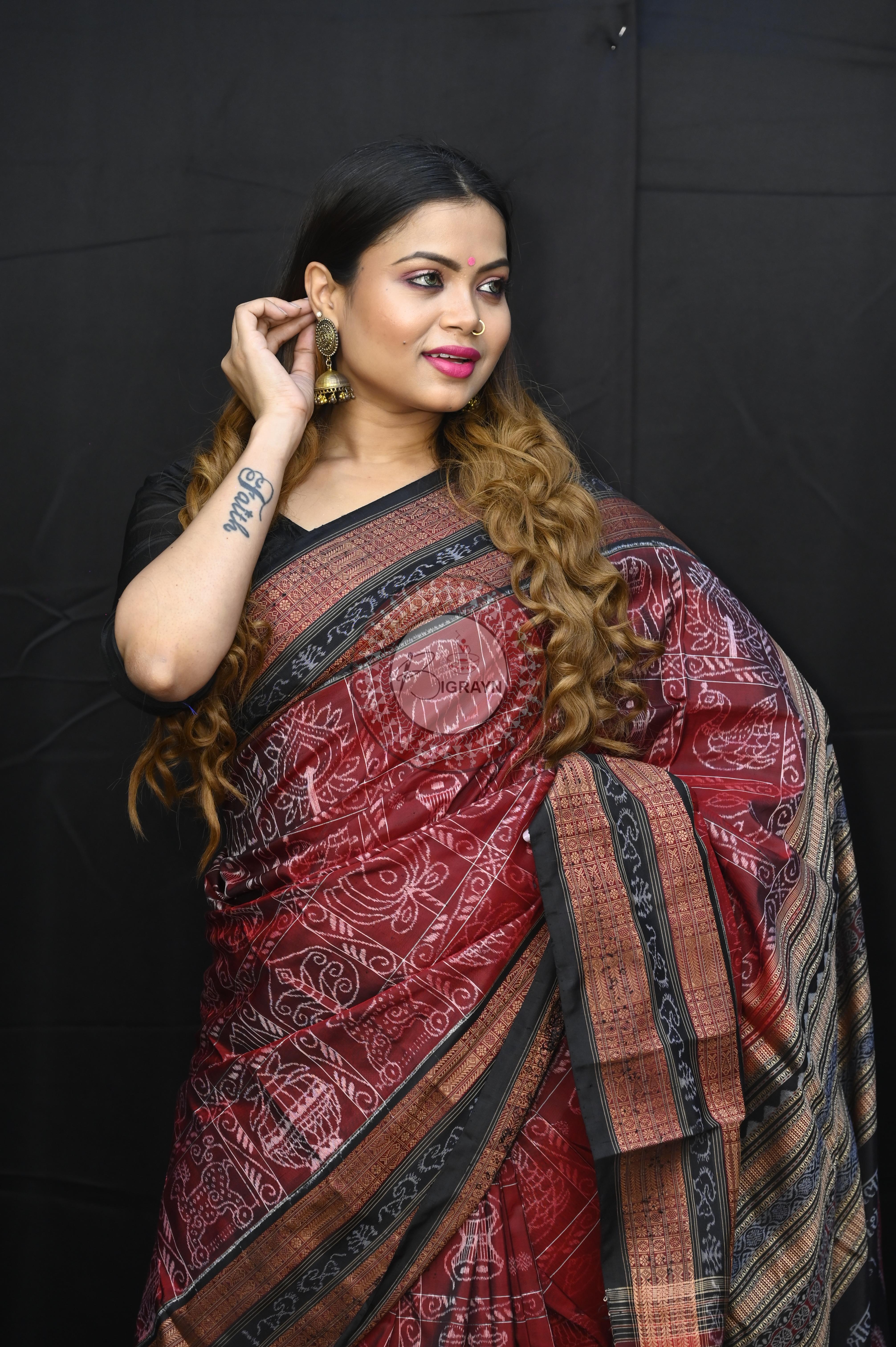 Maroon Black Nabakothi National Awarded Master Weave Sambalpuri Silk Saree
