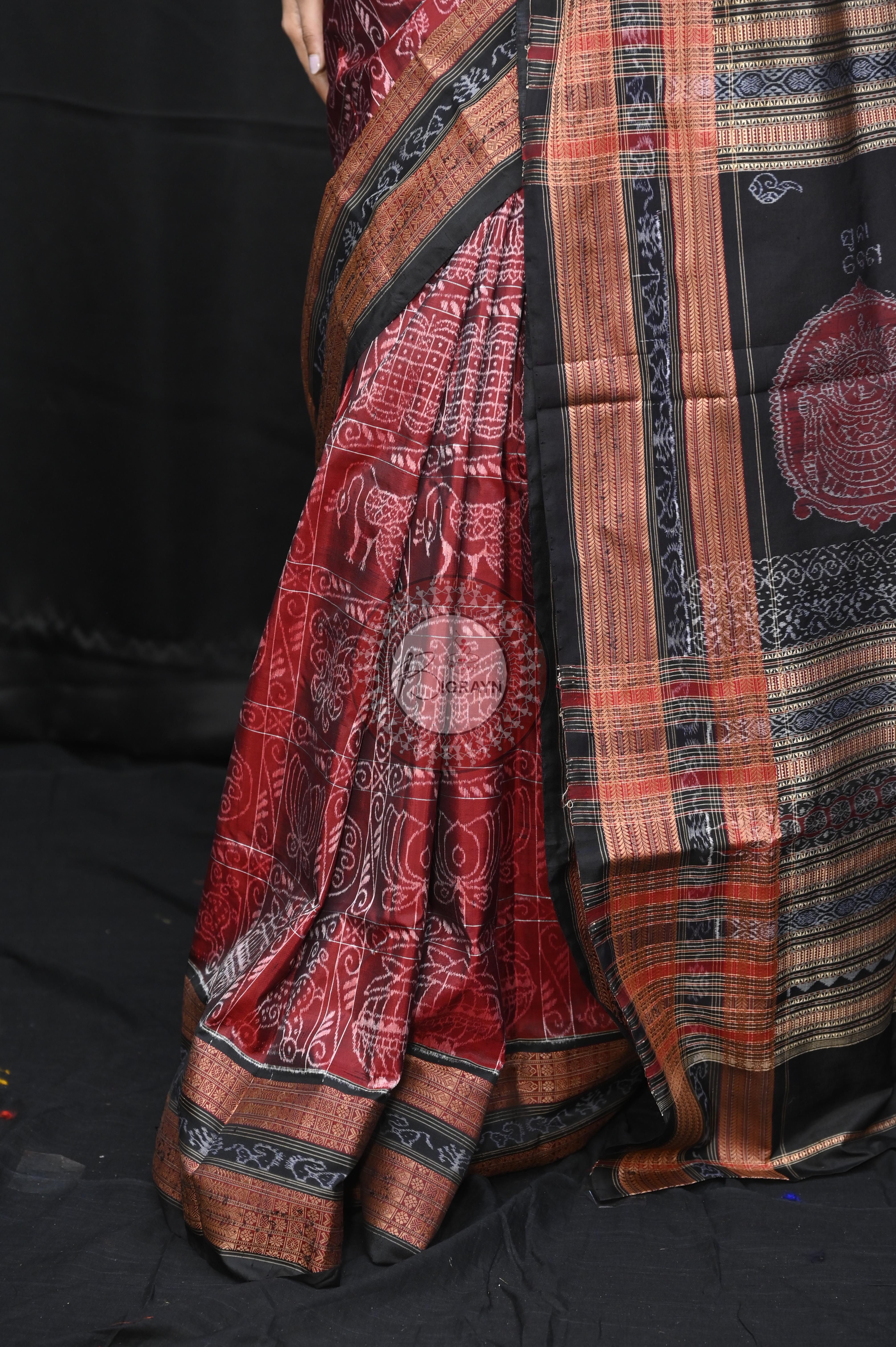 Maroon Black Nabakothi National Awarded Master Weave Sambalpuri Silk Saree