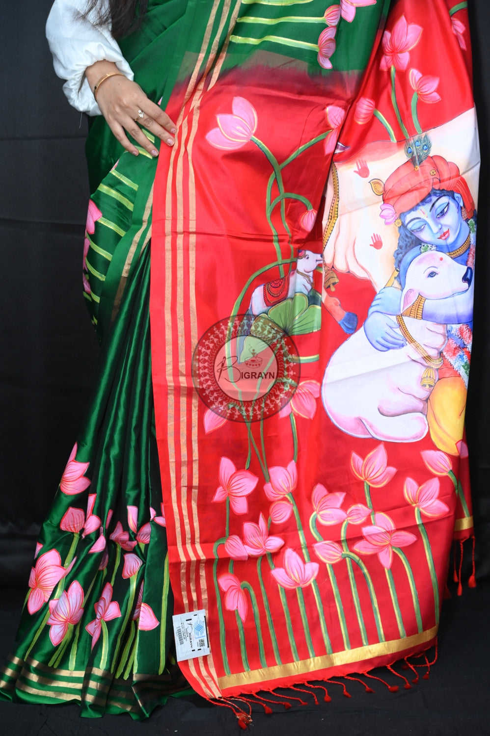 Green Red Krishna Pichwai Pattachitra Silk Saree